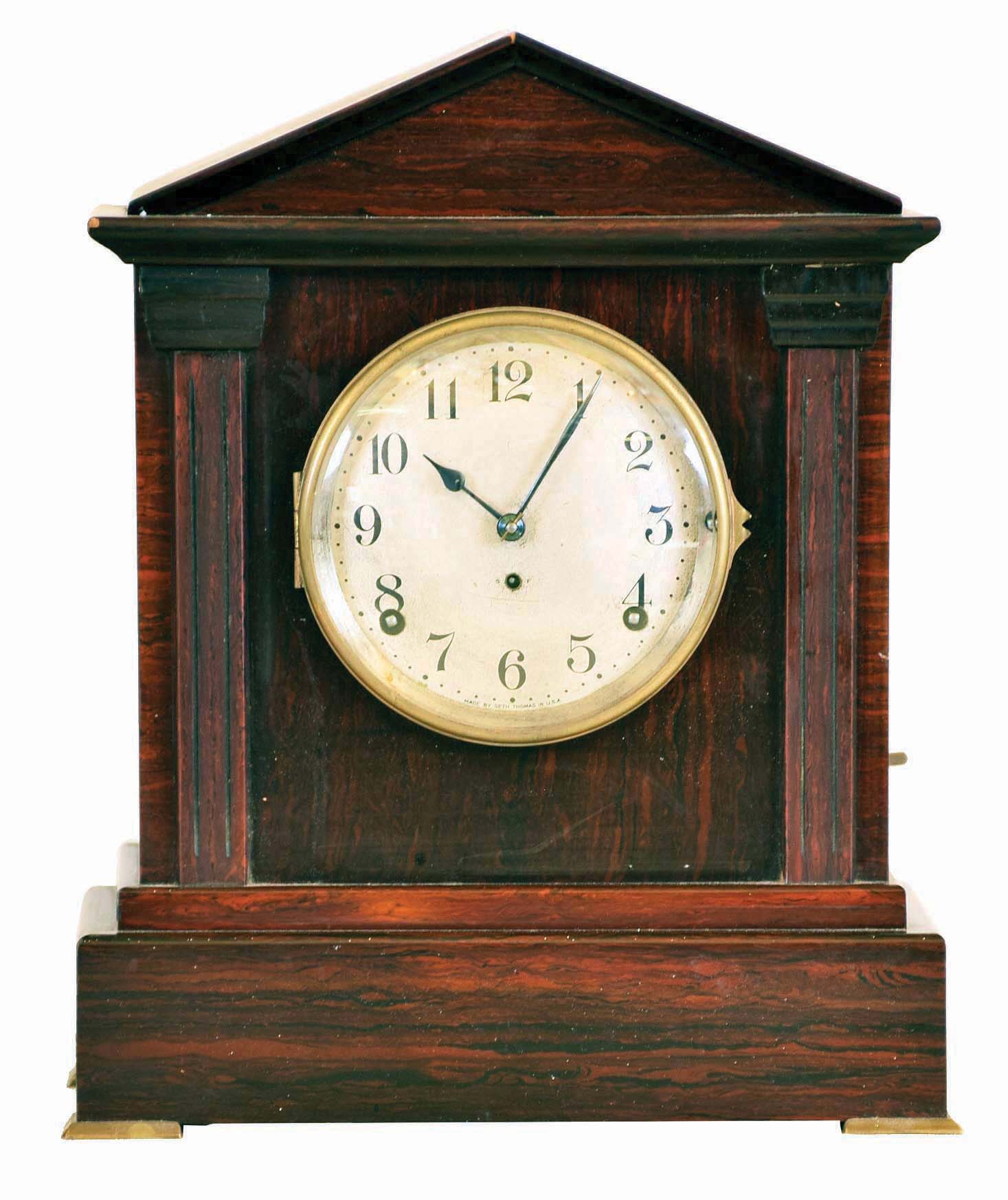 Seth Thomas Clock Co., Thomaston, Conn., "Chime Clock No. 5", 8 day, time and strike spring brass movement 4- bell Sonora Chime mantel clock. — Antique Clocks Price Guide