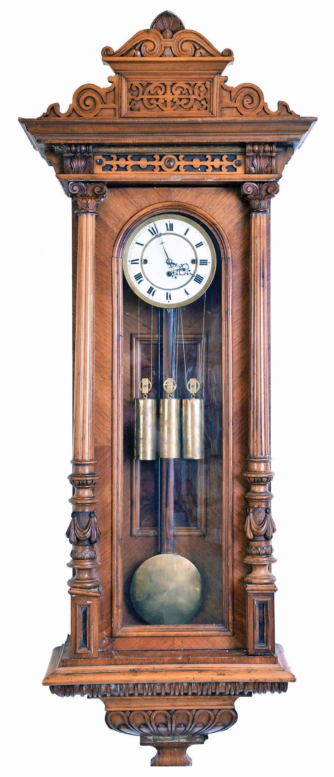 Vienna Regulator, unsigned German walnut 3 weight quarter striking 8 day large hanging wall clock, c1880 — Antique Clocks Price Guide