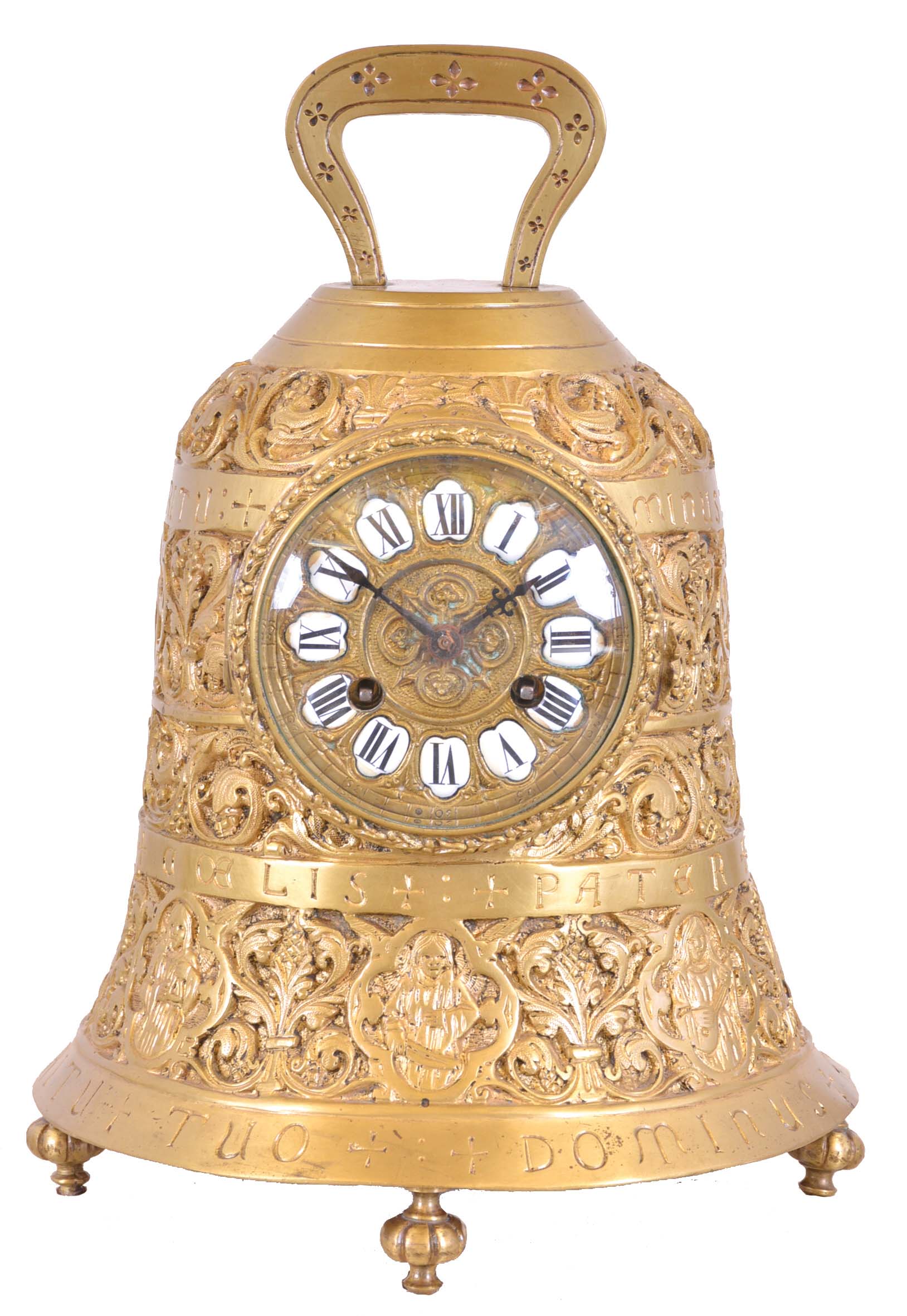 France, brass bell form table clock, the case with foliate designs and human figures playing various musical instruments, and Latin phrases with religious significance, top with handle, and base with gadrooned feet, cast bezel with pendant husks and convex beveled glass, brass dial with applied white enamel cartouches with Roman numerals, — Antique Clocks Price Guide