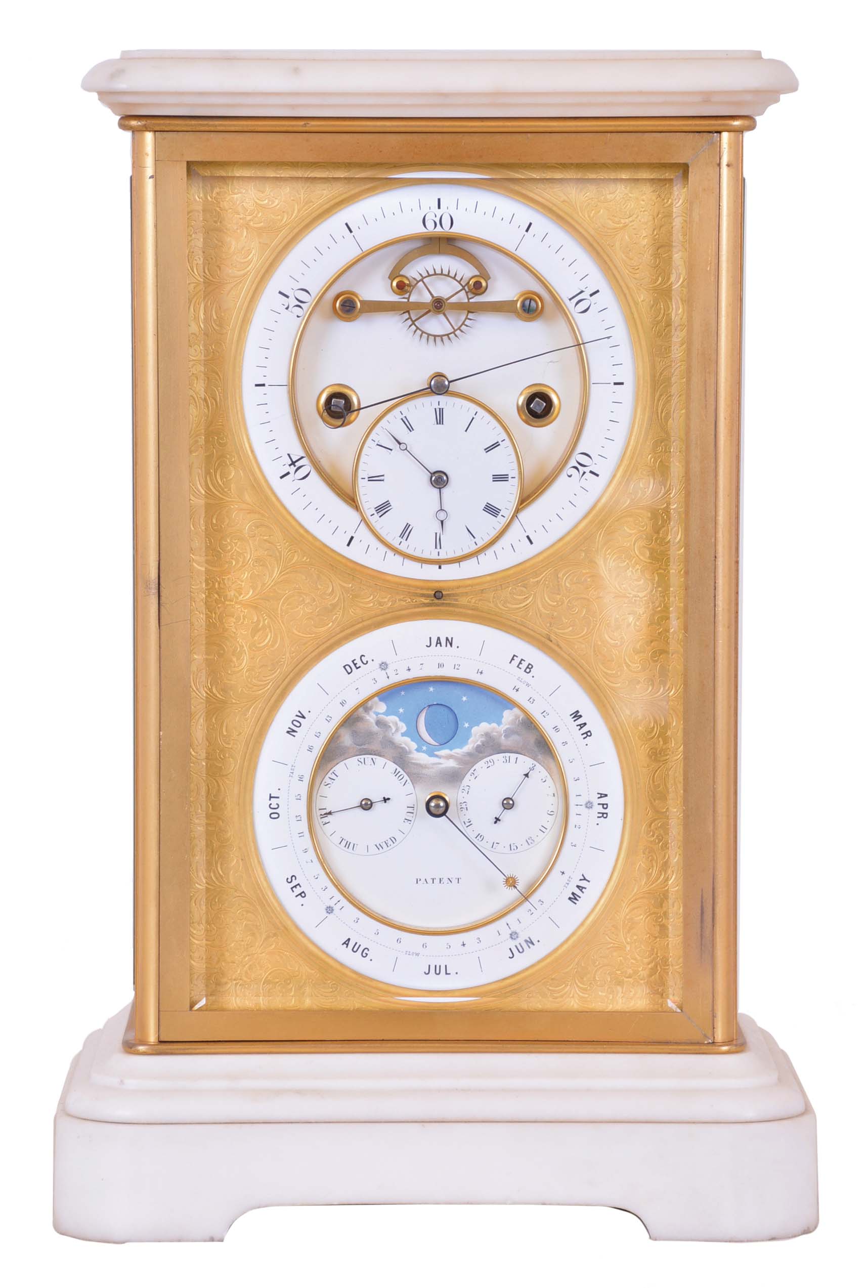 Brocot & Delettrez, Paris, for J. Silvani, 13 & 14 Kings Road, Brighton, mantel clock with sweep seconds and Brocots perpetual calendar, the case with four bevelled glasses set in gilt bronze frames, with white marble base and top, gilt dial mask with foliate engraving, the white enamel clock dial with Arabic seconds, open escapement, and subsidiary dial showing the hours and minutes, and lower calendar dial displaying the day, date, and month, as well as phases of the moon, 8 day time and strike movement with sweep seconds, jewelled escape wheel pivot and Ellicott pendulum, the back marked "J.B.D" — Antique Clocks Price Guide