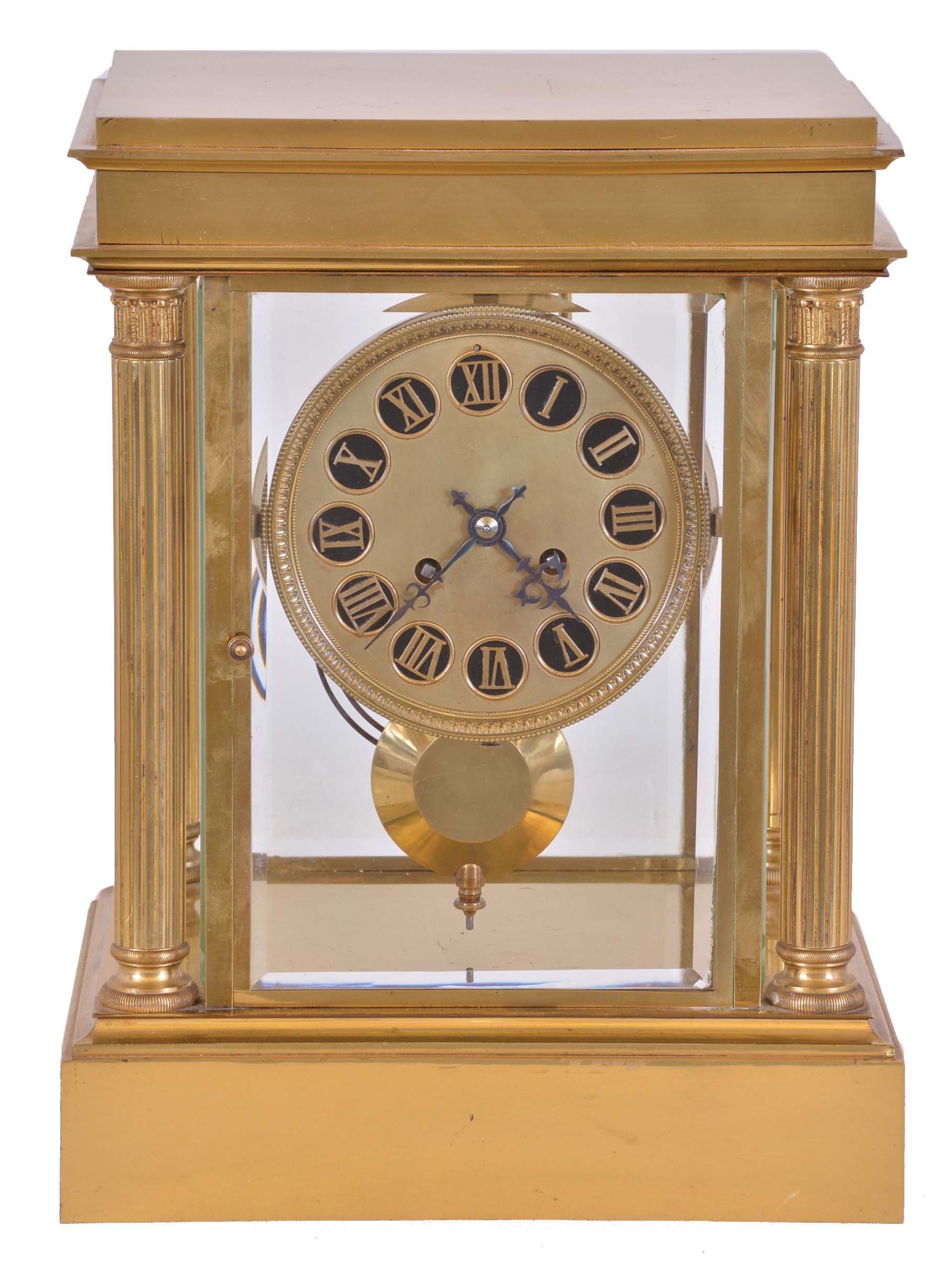 France, crystal regulator, the oversize, polished brass case with columns at the corners, and with four bevelled glass panels, Roman numeral brass dial, blued steel hands, 8 day time and strike pendule de Paris movement with brass pendulum — Antique Clocks Price Guide