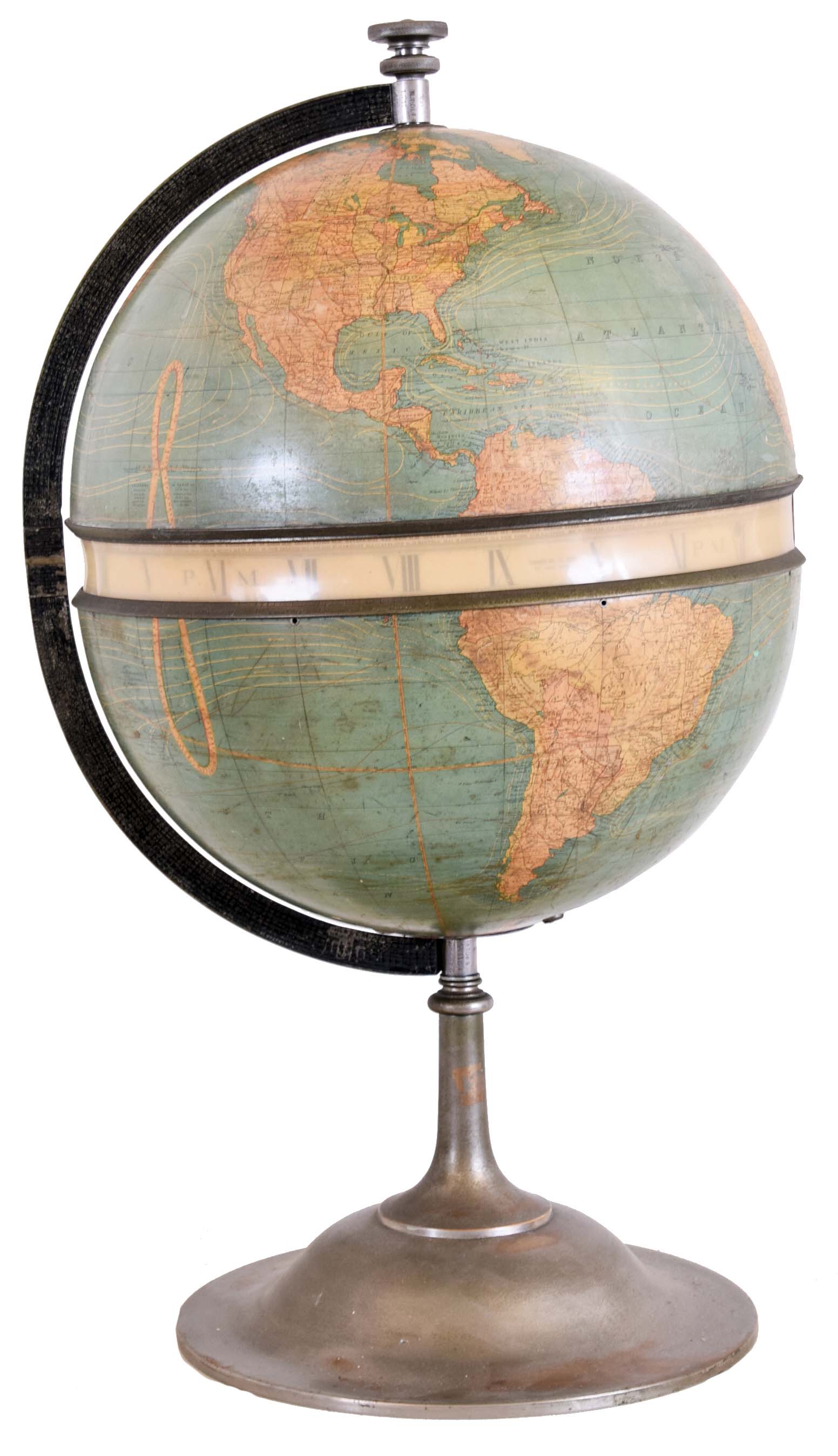 Geographical Clock Co., Chicago, Ill., "Globe Chronometer", the 20" globe with world map with annular clock dial at the equator, showing "the Time at All Places on the Earth at the Same Moment", the map also showing currents, rail lines, submarine telegraph lines, and mean isothermal lines, mounted to a nickel plated brass base, with Waterbury 8 day timepiece movement, globe sections marked "No. 1" — Antique Clocks Price Guide