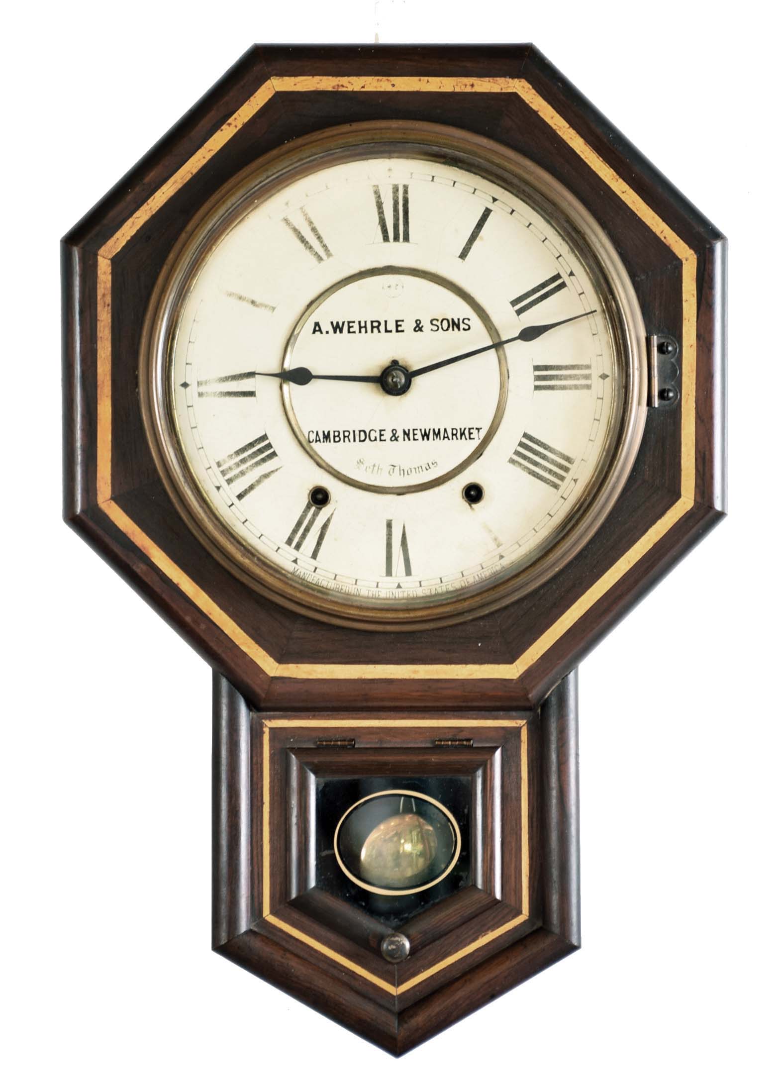 Seth Thomas Clock Co., Thomaston, Conn., "Drop Octagon 10 Inch", 8 day, time and strike, spring brass movement wall clock. — Antique Clocks Price Guide