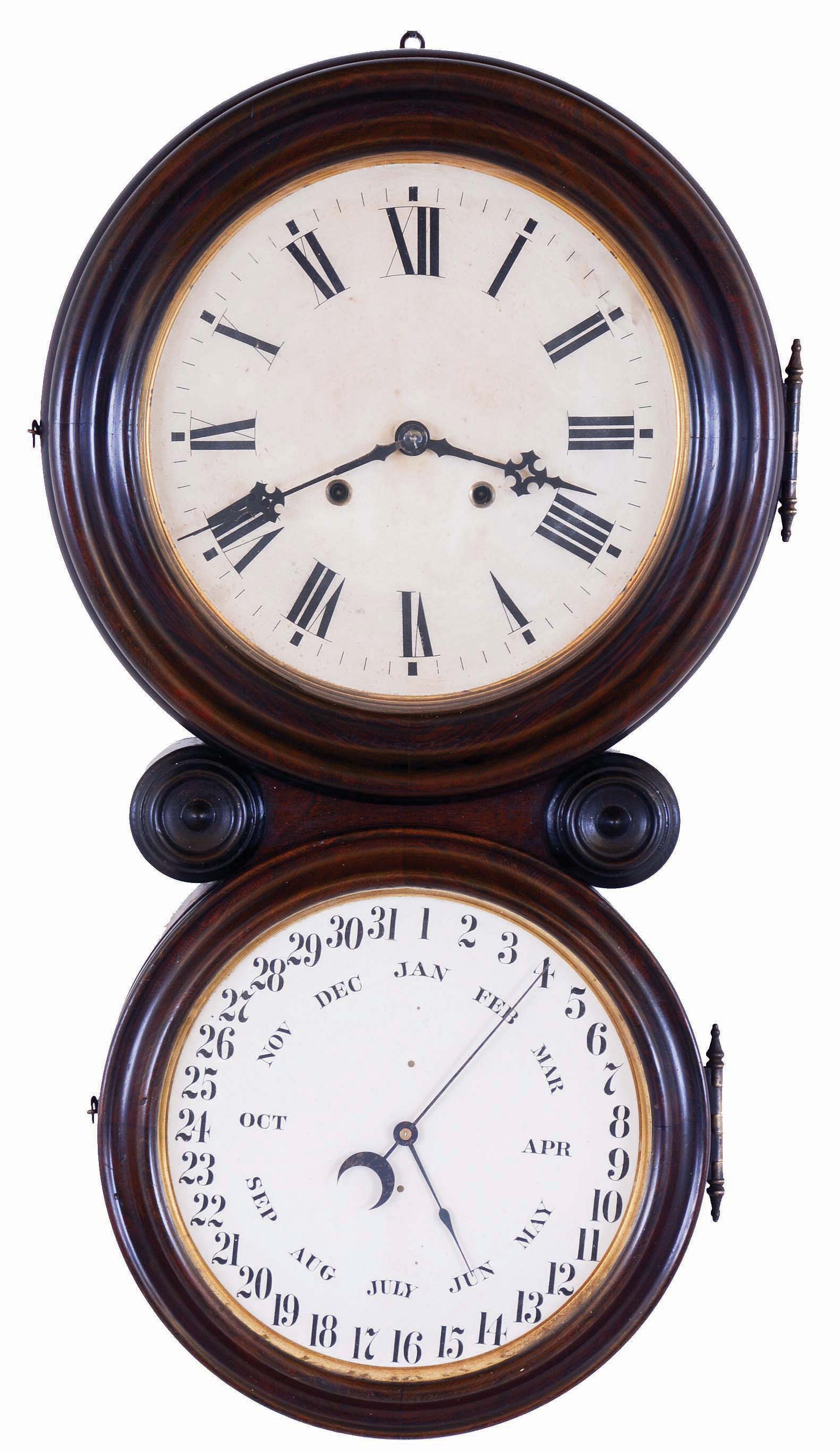 E. Ingraham & Co., Bristol, Conn., "Ionic", 8 day, time and strike spring brass movement double dial wall clock with B. B. Lewis patent calendar. — Antique Clocks Price Guide