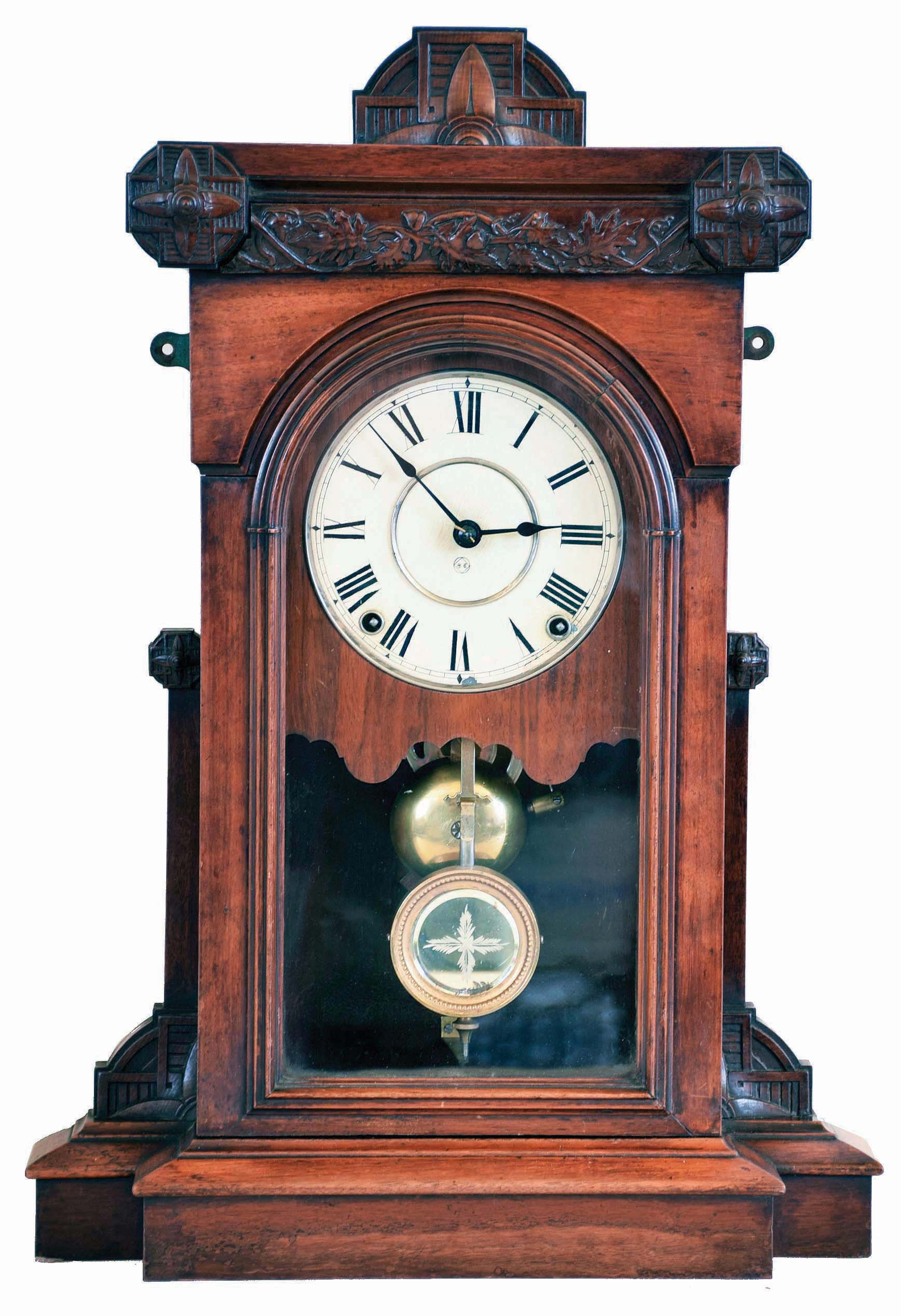 Seth Thomas Clock Co., Thomaston, Conn., "Pittsburgh" City Series shelf clock with an 8 day spring driven time & strike lyre movement in a walnut case. — Antique Clocks Price Guide