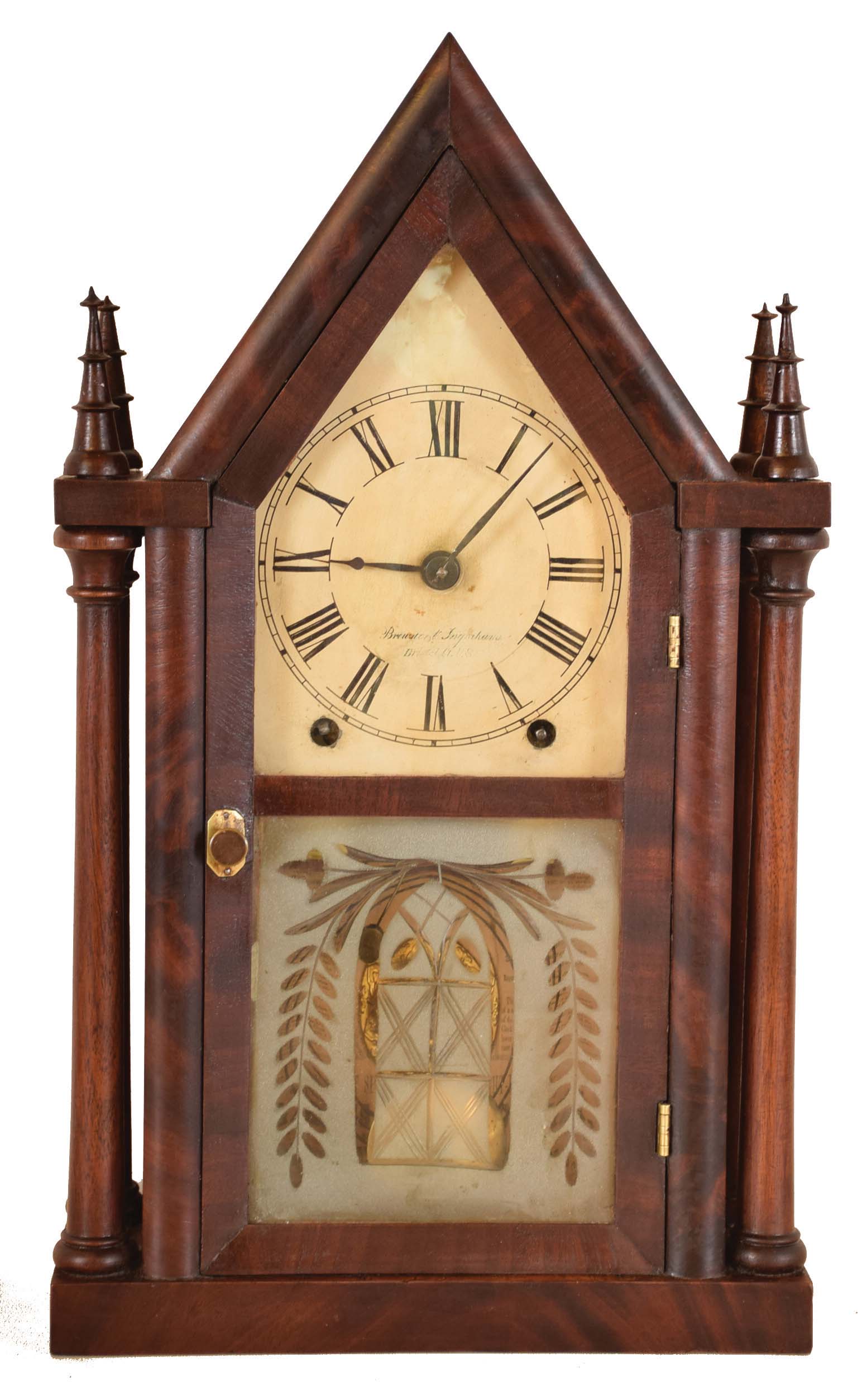 Brewster & Ingrahams, Bristol, Conn., 8 day, time and strike spring brass movement 4- column sharp gothic or steeple clock. — Antique Clocks Price Guide