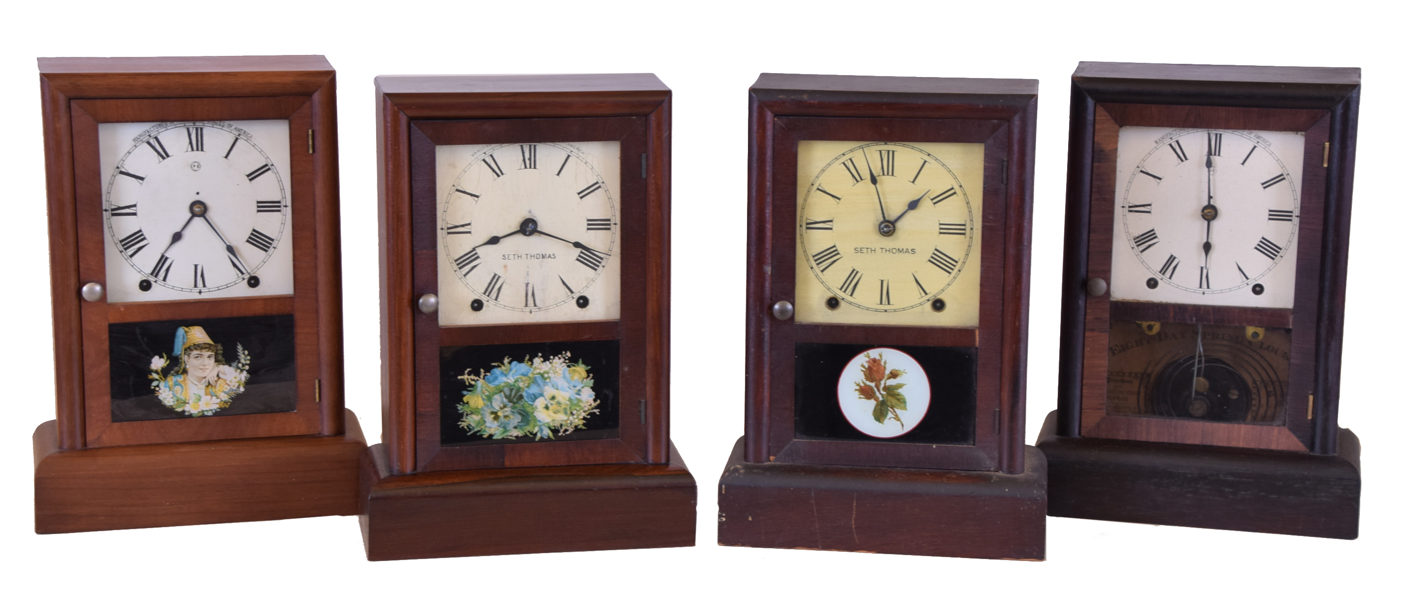 Clocks- 4 (Four): (1) Seth Thomas Clock Co., Thomaston. Conn., Cottage shelf clock with a spring driven 8 day time and strike movement in a mahogany case, c1890. (2) Seth Thomas Clock Co., Thomaston, Conn., Cottage shelf clock with a spring driven 8 day time and strike movement in a rosewood veneered case, c1890. (3) Seth Thomas Clock Co., Thomaston, Conn., Cottage shelf clock with a spring driven 8 day time and strike movement in a rosewood case, c1890. (4) Seth Thomas Clock Co., Thomaston, Conn., Cottage shelf clock with a spring driven 8 day time and strike movement in a rosewood veneered case, c1890. — Antique Clocks Price Guide