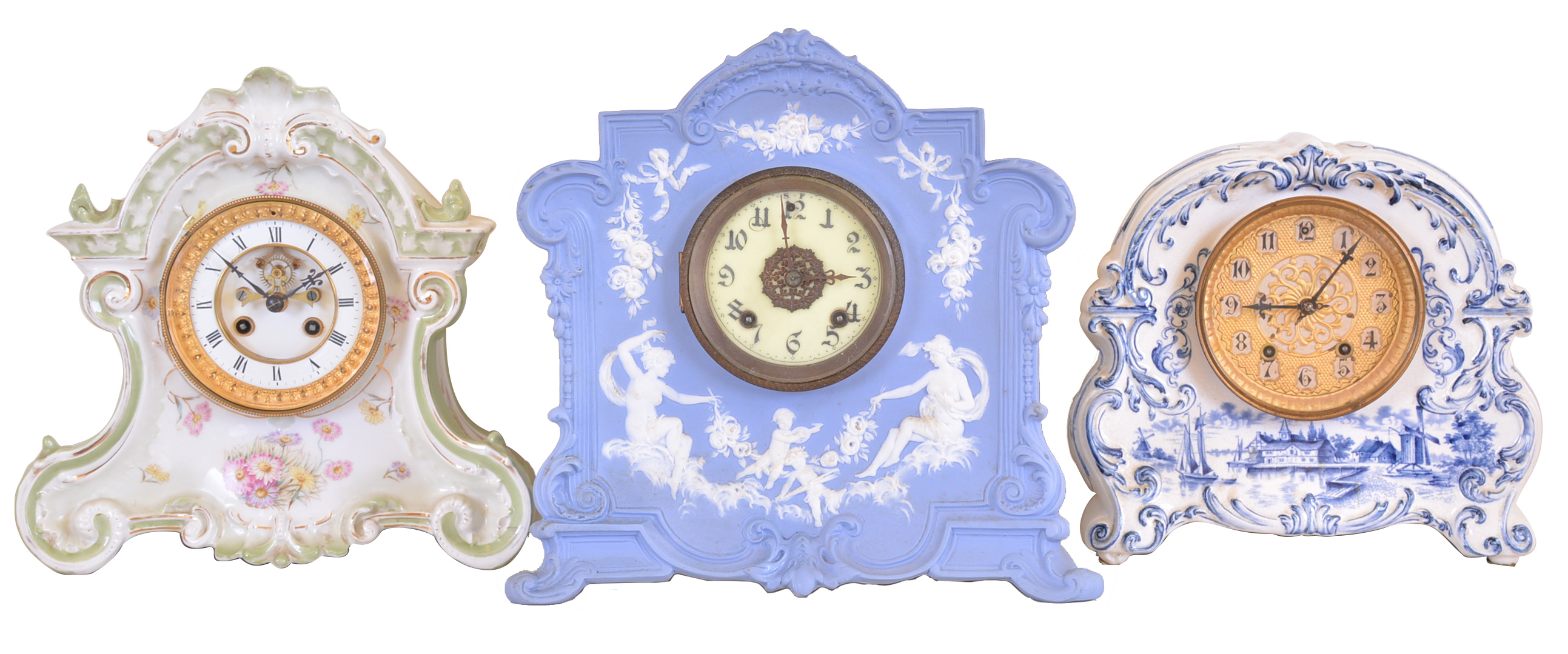Clocks- 3 (Three): (1) French, Marti & Cie, 8 day, time and strike spring brass movement porcelain mantel clock, c1900 (2) New Haven Clock Co., New Haven, Conn., 8 day, time and strike spring brass movement porcelain mantel clock, c1900 (3) Waterbury Clock Co., Waterbury, Conn., 8 day, time and strike spring brass movement porcelain mantel clock, c1900 — Antique Clocks Price Guide