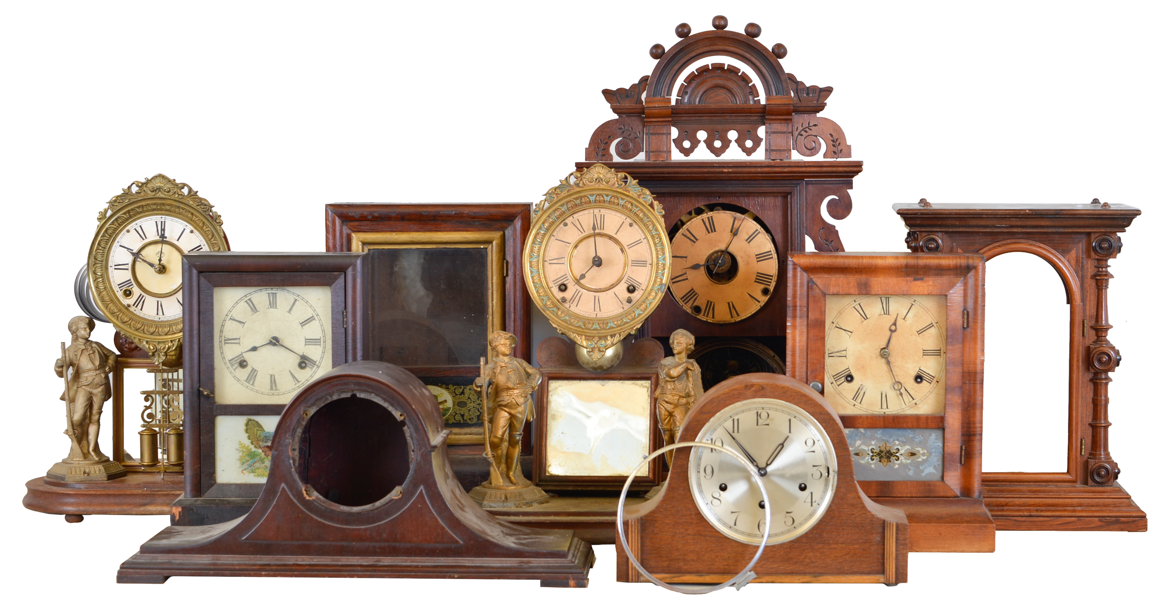 Clocks- 9 (Nine): (1) Seth Thomas Clock Co., Thomaston, Conn., Cottage clock case, c1890 (2) Seth Thomas Clock Co. Thomaston, Conn., "Eclipse", 8 day, time and strike spring brass movement shelf clock, c1900 (3) Ansonia Clock Co. New York, NY, "Crystal Palace No. 1 Extra", 8 day, time and strike spring brass movement shelf clock, c1880 (4) Welch, Spring & Co., Forestville, Conn., "Gerster V.P." case, c1880 (5) Germany, Haller AG, 8 day, time and strike spring brass movement tambour mantel clock, c1970 (6) Empty tambour case, c1900 (7) Ansonia Clock Co., New York, NY, 8 day, time and strike spring brass movement cottage clock, c1890 (8) E. N. Welch Mfg. Co., Forestville, Conn., "Cottage Extra", 8 day, time and strike spring brass movement cottage clock, c1880 (9) Ansonia Clock Co., New York, NY, "Crystal Palace No. 1 Extra", 8 day, time and strike spring brass movement shelf clock, c1880 — Antique Clocks Price Guide