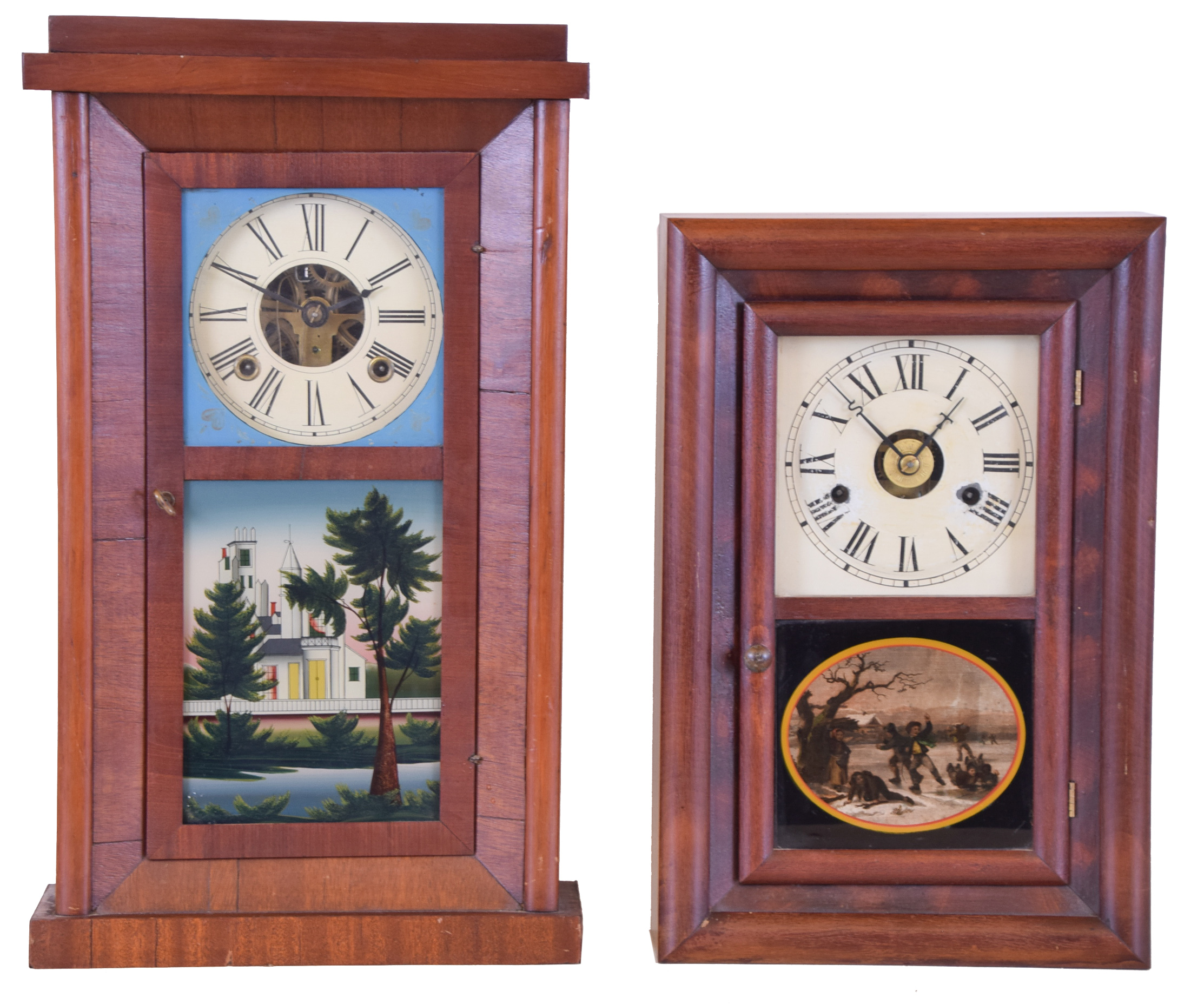 Clocks- 2 (Two): (1) Seth Thomas Clock Co., Thomaston, Conn., "Round Band" shelf clock with a spring driven 30 hour time and strike movement in a mahogany veneered case, c1885. (2) D. Baldwin, 195 Chatham St., New York, Mahogany veneered Empire shelf clock with a 30 hour spring driven time & strike Chauncey Boardman fusee movement, c1847, — Antique Clocks Price Guide