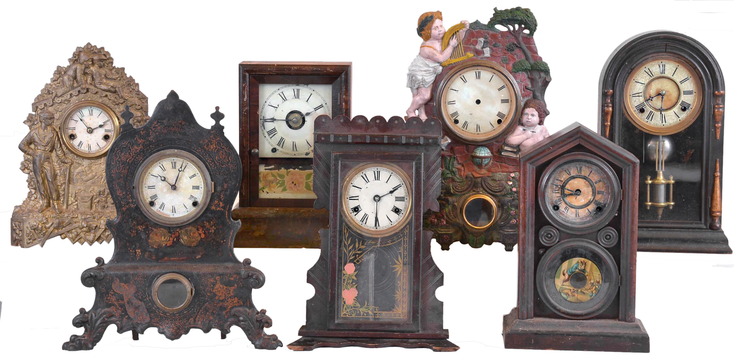 Clocks- 7 (Seven): (1) Reproduction Nicholas Muller "Baseball Players" iron front shelf clock with a period spring driven 30 hour time and strike movement. (2) Seth Thomas Clock Co., Thomaston, Conn., "Cottage shelf clock with a spring driven 8 day time, strike and alarm movement in a veneered case, c1900. (3) Muller iron front clock (with no movement and with a new case). (4) Unmarked Round Top shelf clock with a spring driven 8 day time and strike movement in a rosewood veneered case, c1890. (5) Daniel Pratt, Boston, Mass, shelf clock with a spring driven 8 day time and strike movement in a rosewood veneered case, c1880, (6) New Haven Clock Co., New Haven, Conn., "No. 511" shelf clock with a spring driven 8 day time and strike movement in a darkly finished wood case, c1886. (7) Unmarked Iron Front shelf clock with a spring driven 8 day time and strike movement, c1860. — Antique Clocks Price Guide
