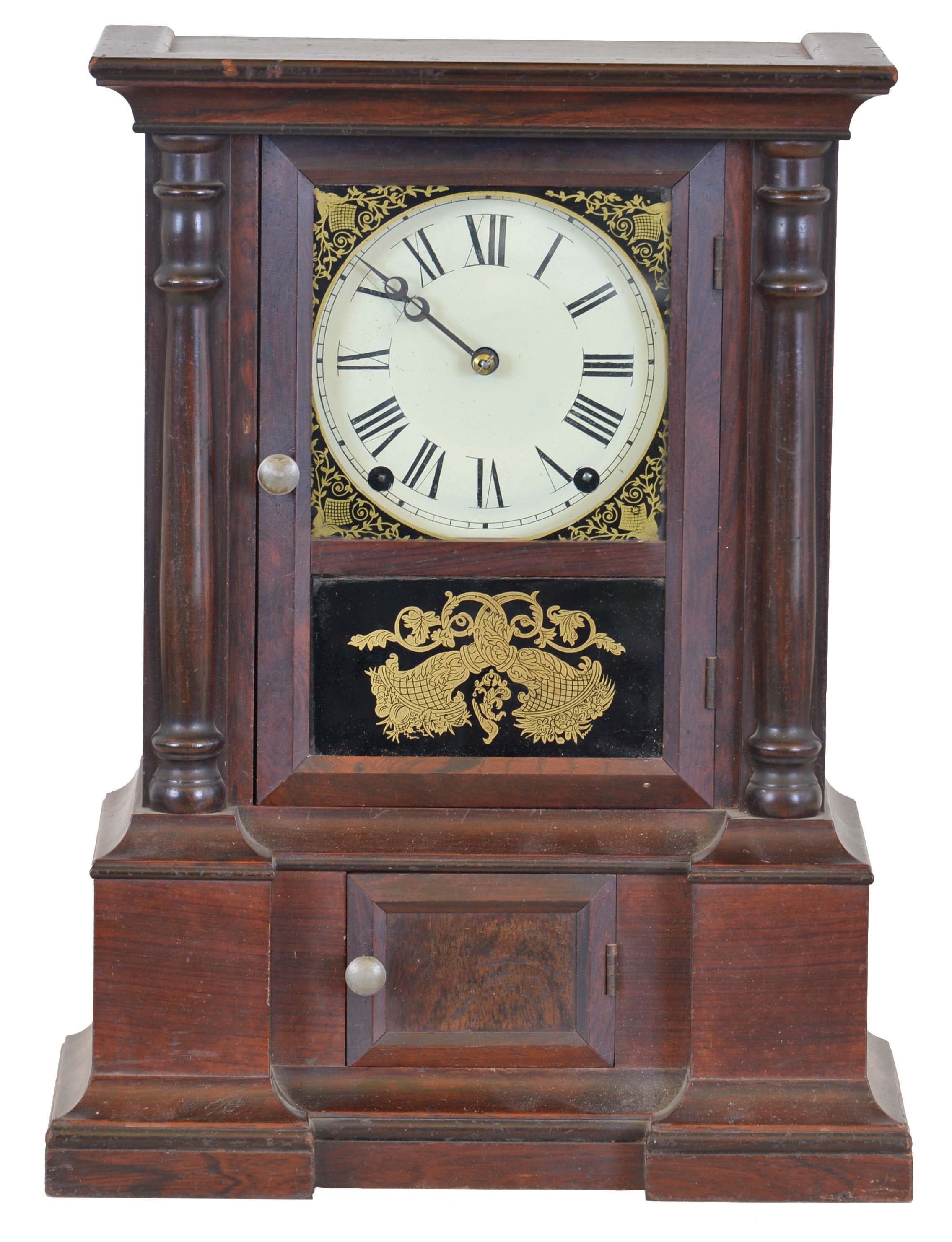 Atkins Clock Co., Bristol, Conn., "London Model", 30 day, time and strike fusee- spring brass movement shelf clock. Another example of this clock and movement is illustrated in "The Clocks of Irenus Atkins by Philip C. Gregory and Robert M. King" pg 81 — Antique Clocks Price Guide