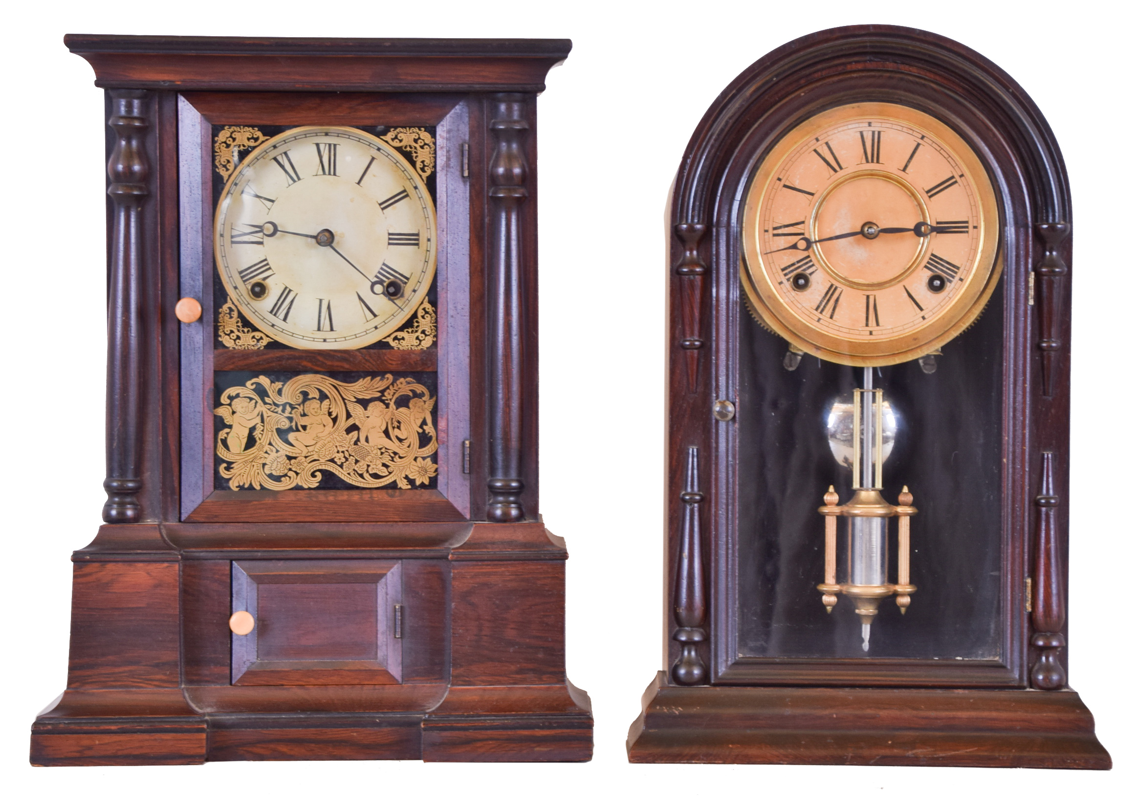 Clocks- 2 (Two): (1) Atkins Clock Co., Bristol, Conn., "London Model", 8 day, time and strike spring brass movement shelf clock, c1865 (2) Atkins Clock Co., Bristol, Conn., Centennial 8 day, time and strike spring brass movement shelf clock, c1873 — Antique Clocks Price Guide