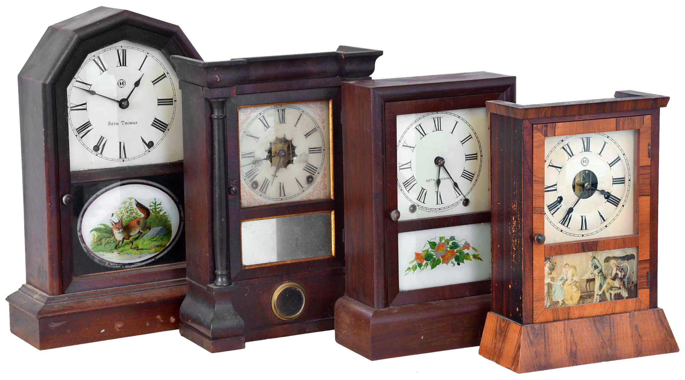 Clocks- 4 (Four): (1) Seth Thomas Clock Co., Thomaston, Conn., Shelf clock with a spring driven 8 day time and strike movement in a rosewood veneered case, c1890. (2) Seth Thomas Clock Co., Thomaston, Conn. "Column" shelf clock with a spring driven 8 day time and strike lyre movement, c1865. (3) Seth Thomas Clock Co., Thomaston, Conn., "Richmond" shelf clock with a spring driven 8 day time and strike movement in a walnut case, c1885. (4) Seth Thomas Clock Co., Thomaston, Conn., "Anchor" shelf clock with a spring driven 30 hour time and strike movement in a rosewood veneered case, c1875. — Antique Clocks Price Guide
