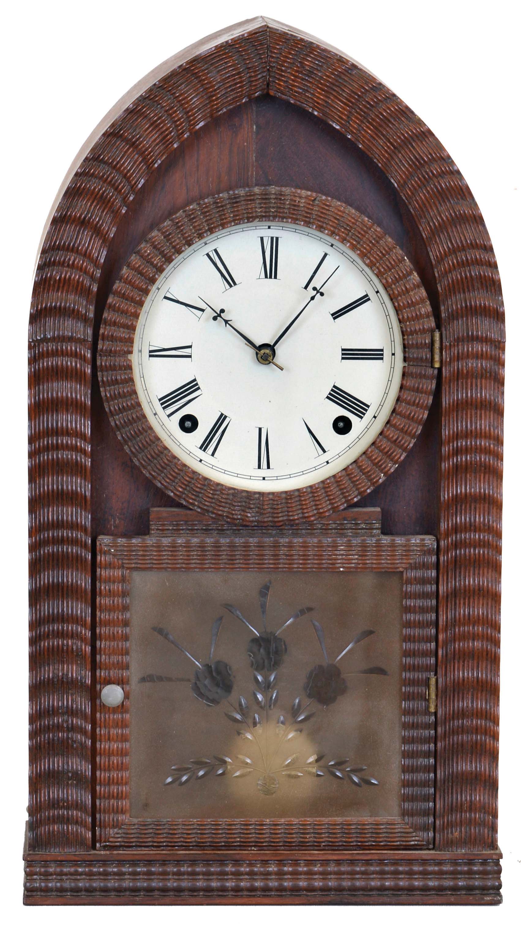 Forestville Mfg. Co., (J.C. Brown), Bristol, Conn., 8 day, time and strike spring brass movement ripple front Round Gothic or "beehive" shelf clock. — Antique Clocks Price Guide