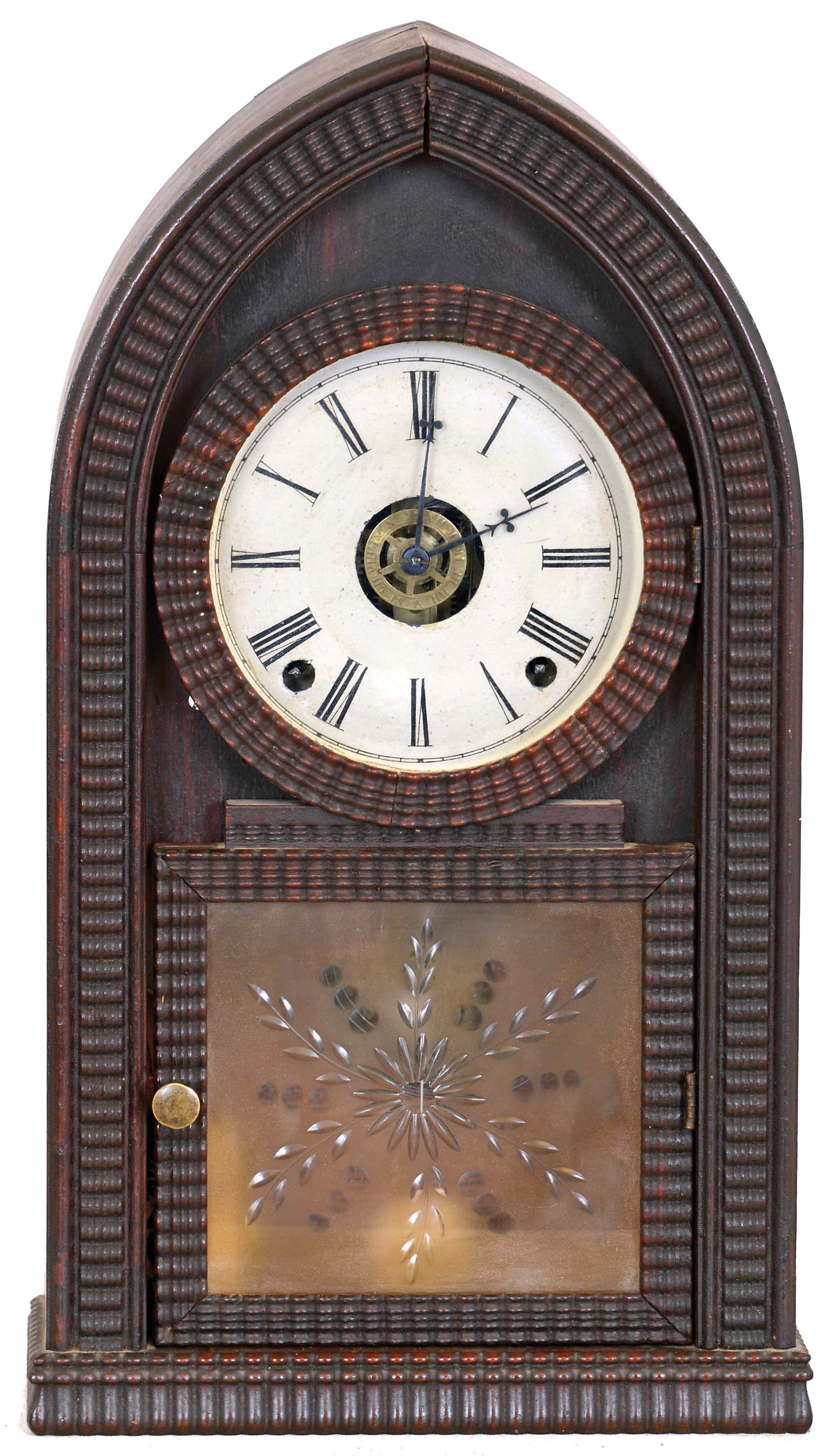 Forestville Mfg. Co., (J.C. Brown), 8 day, time, strike & alarm spring brass movement Round Gothic or "beehive" shelf clock. — Antique Clocks Price Guide