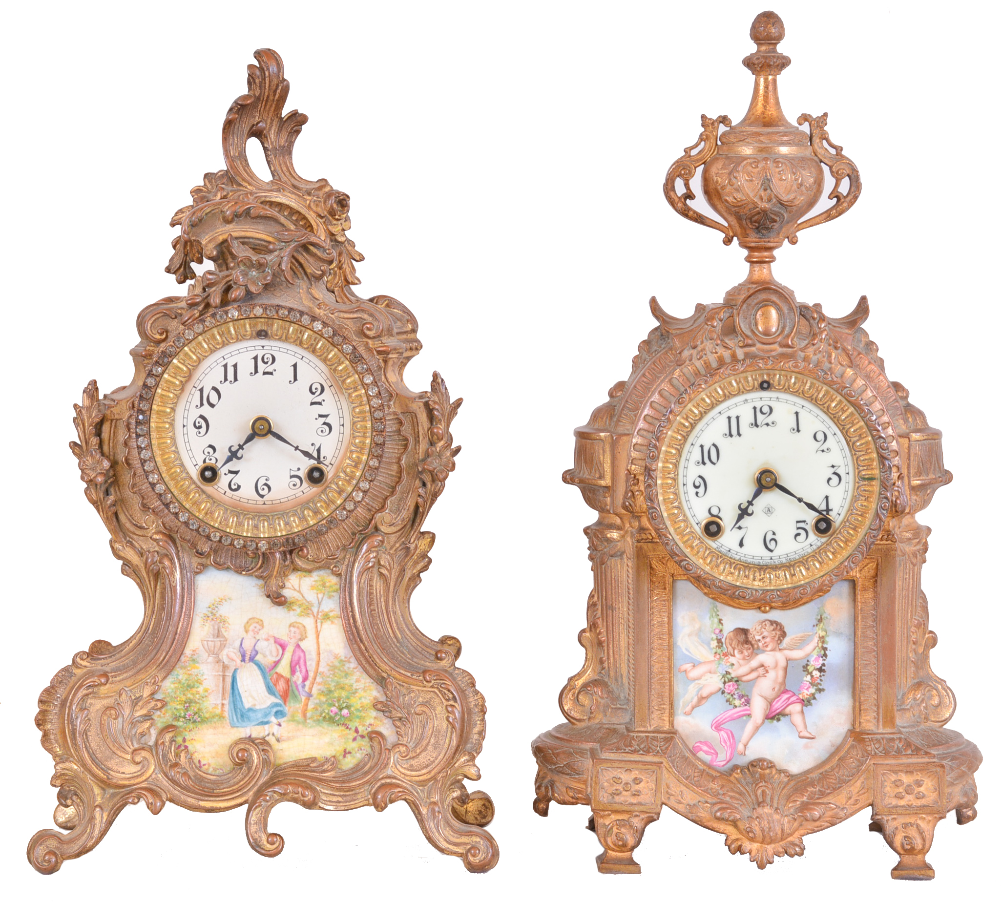 Clocks- 2 (Two): (1) Ansonia clock Co., New York, NY, "Trianon", 8 day, time and strike spring brass movement french style mantel clock. (2) Ansonia Clock Co., New York, NY, "Versailles", 8 day, time and strike spring brass movement french style mantel clock, c1914 — Antique Clocks Price Guide