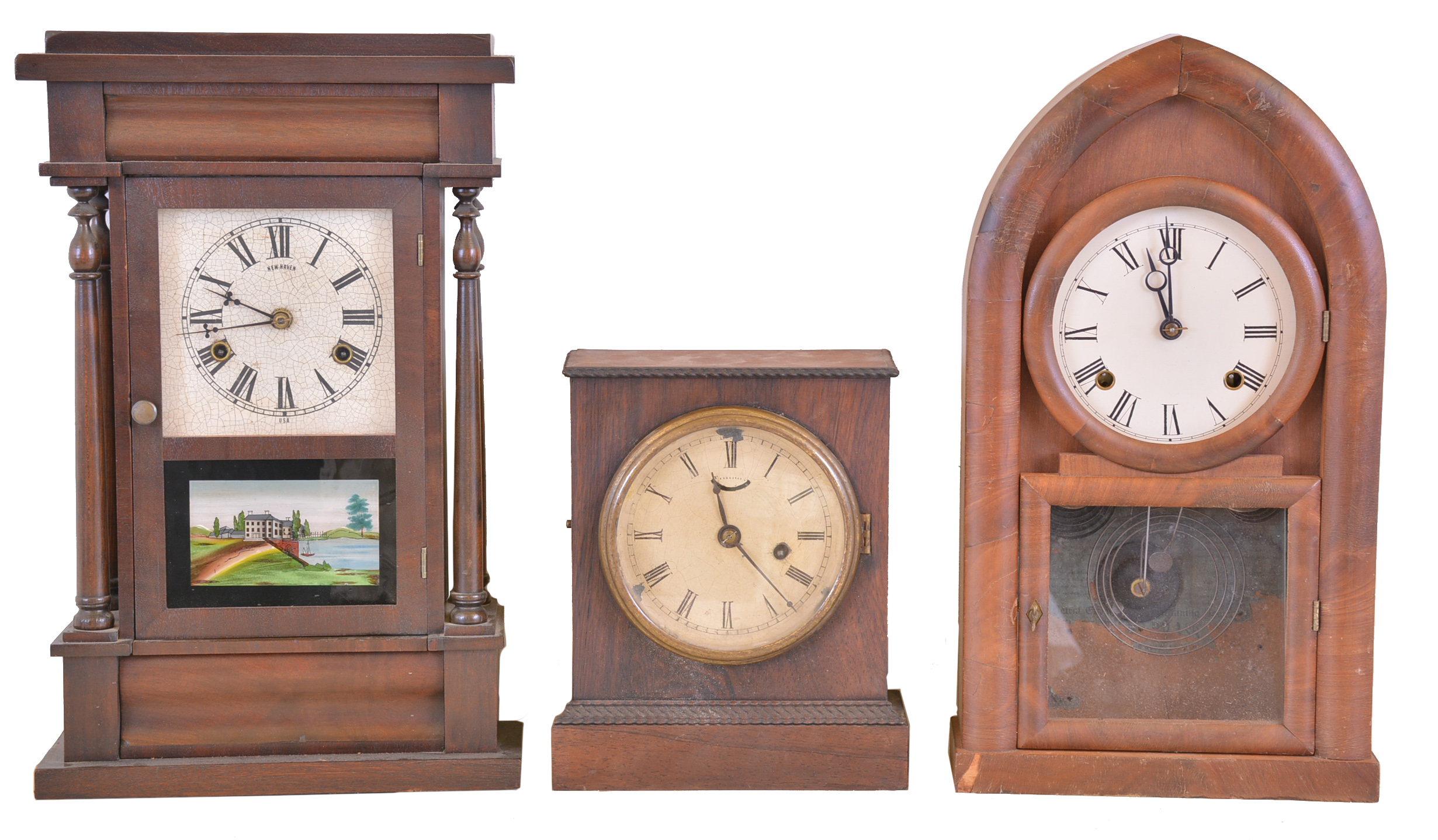 Clocks- 5 (Five): (1) Waterbury Clock Co., Waterbury, Conn., 30 hour, time and strike spring brass movement sharp gothic or steeple clock, c1875 (2) Chauncey Boardmand, Bristol, Conn., 30 hour, time and strike spring brass fusee- spring movement round gothic or beehive shelf clock, c1850 (3) Chauncey Jerome, New Haven, Conn., 8 day, spring brass lever movement shelf clock with ripple molding, c1850 (4) Unknown, 8 day, time and strike spring brass movement dwarf 4- column shelf clock, c1845. (5) Waterbury Clock Co, Waterbury, Conn., 30 hour, spring brass movement cottage timepiece, c1870 — Antique Clocks Price Guide
