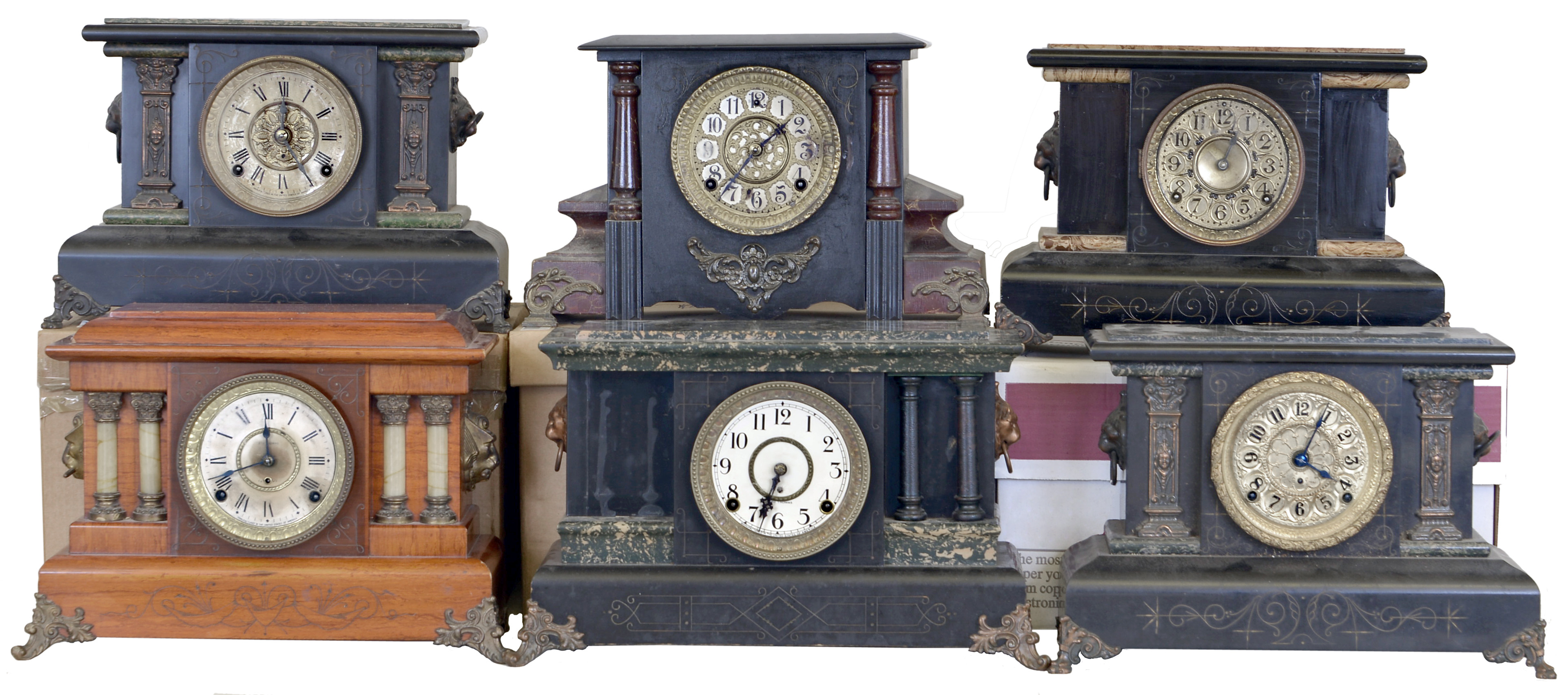Clocks- 6 (Six): (1) William L. Gilbert Clock Co., Winsted, Conn., 8 day, time and strike spring brass movement painted wood case mantel clock. (2) Seth Thomas Clock Co., Thomaston, Conn., 8 day, time and strike spring brass movement mantel clock in Adamantine case. (3) Seth Thomas Clock Co., Thomaston, Conn., 8 day, time and strike spring brass movement mantel clock in Adamantine case. (4) Seth Thomas Clock Co., Thomaston, Conn., 8 day, time and strike spring brass movement mantel clock in Adamantine case. (5) Seth Thomas Clock Co., Thomaston, Conn., 8 day, time and strike spring brass movement mantel clock in Adamantine case. 6) Seth Thomas Clock Co., Thomaston Conn., 8 day, time and spring brass movement mantel clock in Adamantine case. — Antique Clocks Price Guide
