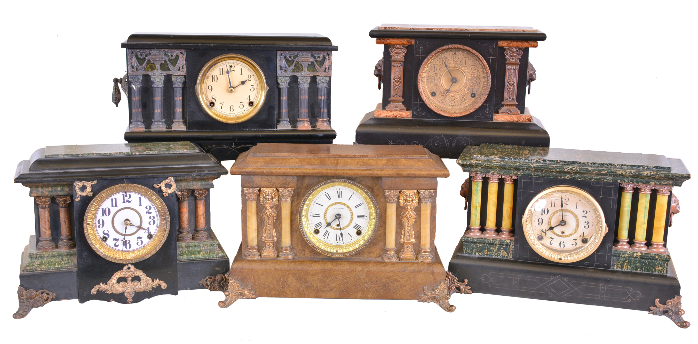 Clocks- 5 (Five): Mixed lot of four Seth Thomas Clock Co., 8 day, time and strike spring brass movement mantel clocks in Adamantine cases and one Sessions Clock Co., 8 day, time and strike spring brass movement black enameled wood mantel clock, c1910 — Antique Clocks Price Guide