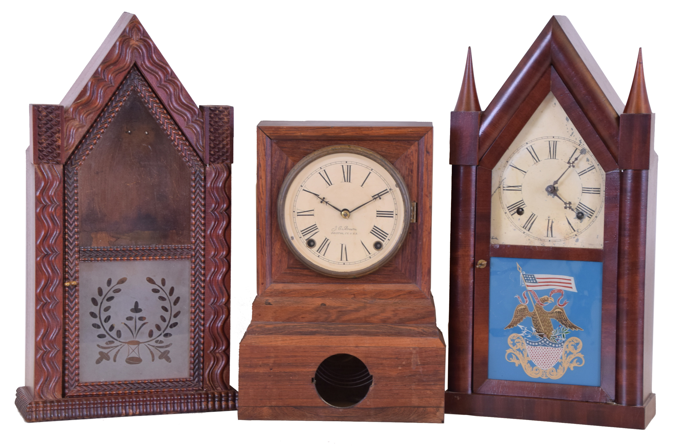 Clocks- 3 (Three): (1) Forestville Mfg. Co., (J.C. Brown), Forestville, Conn., 8 day, time and strike spring brass movement shelf clock. (2) William S. Johnson, New York, 30 hour, time and strike fusee- spring brass movement Sharp Gothic or steeple clock. (3) Forestville Mfg. Co., (J.C. Brown), Forestville, Conn., Ripple molding Sharp Gothic or steeple case. — Antique Clocks Price Guide