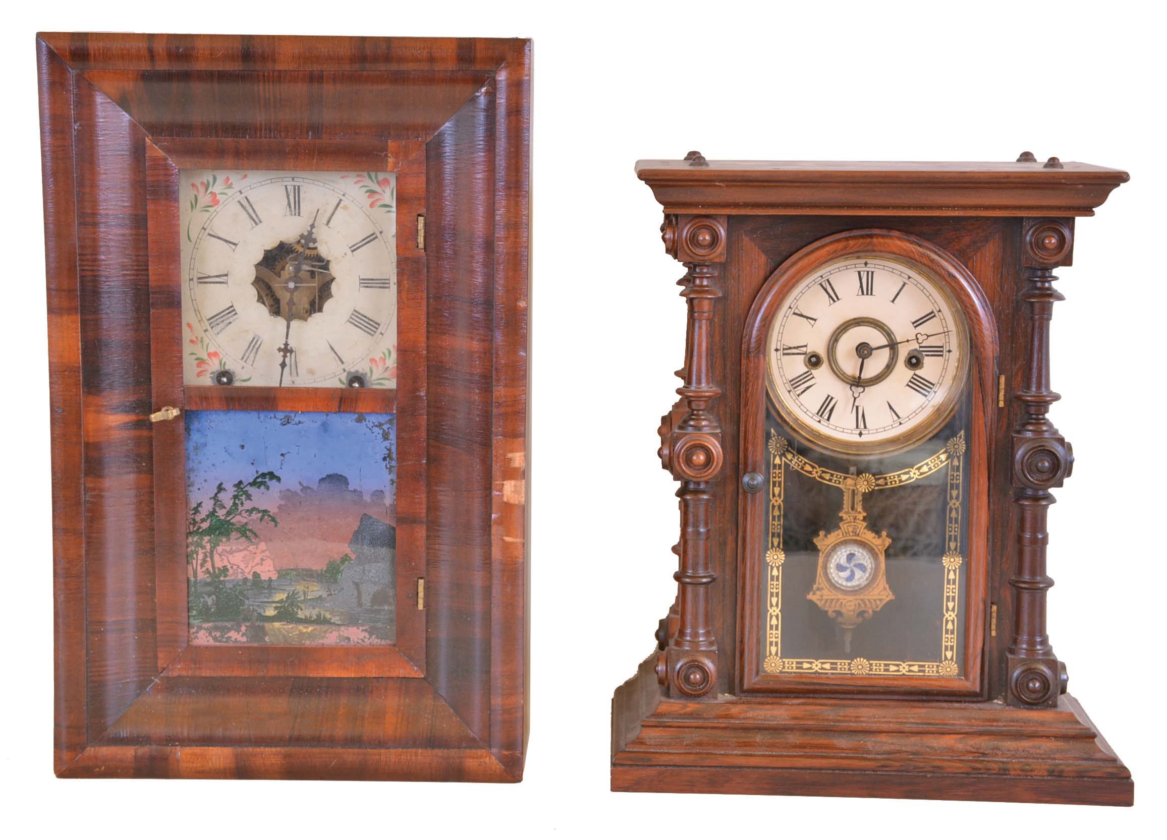 Clocks- 2 (Two): (1) New Haven Clock Co., New Haven, Conn., 8 day, time and strike spring brass movement miniature OOG shelf clock, c1870 (2) Welch, Spring & Co., Forestville, Conn., "Cary, V.P.", 8 day, time and strike spring brass movement shelf clock, c1880 — Antique Clocks Price Guide