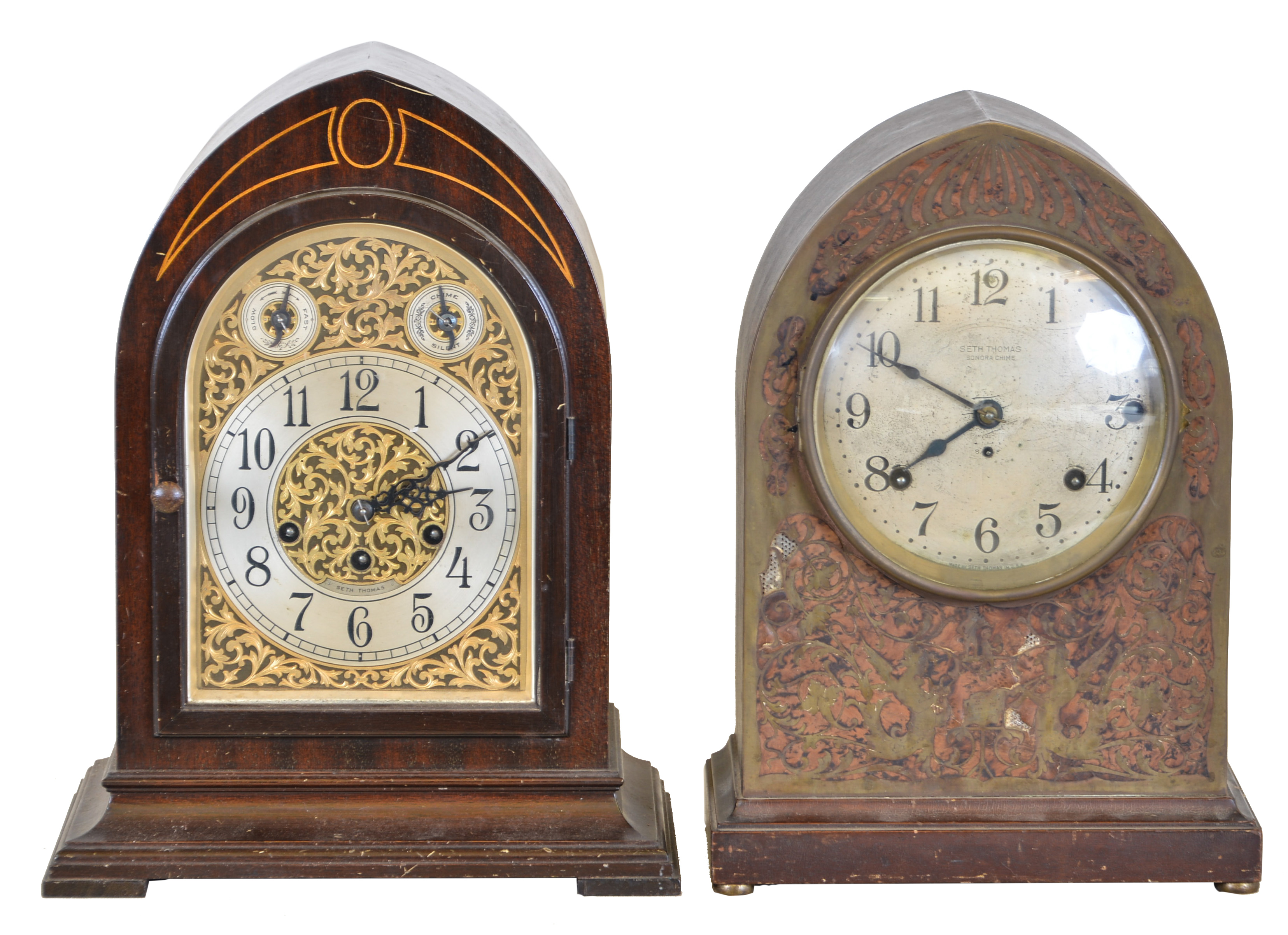 Clocks- 2 (Two): (1) Seth Thomas Clock Co., Thomaston, Conn., "Chime Clock No. 70", 8 day, time and strike spring brass movement chime clock, c1928 (2) Seth Thomas Clock Co., Thomaston, Conn., "Chime Clock No. 64", 8 day, time and strike spring brass movement 5- bell Sonora Chime mantel clock, c1914. This clock measures the same size as the number 64, but has a nice pierced brass front inlayed with burl walnut. — Antique Clocks Price Guide