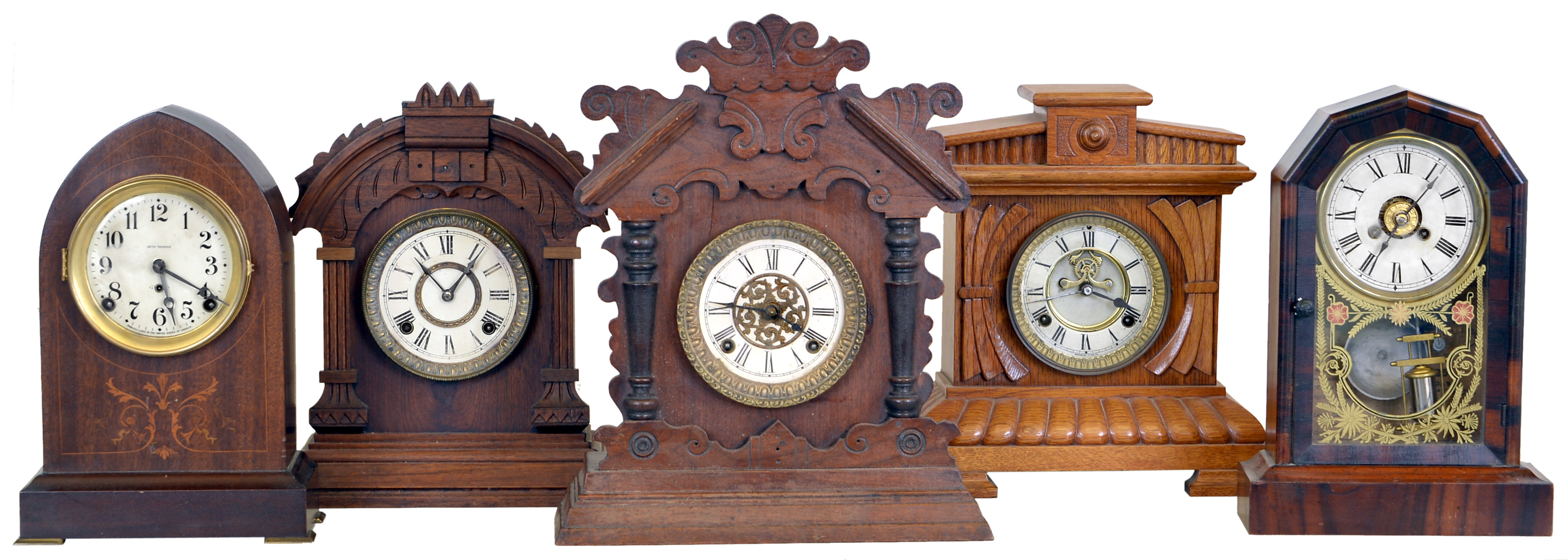 Clocks- 5 (Five): (1) Seth Thomas Clock Co., Thomaston, Conn., "Prospect No. 11", 8 day, time and strike spring brass movement shelf clock. (2) Jerome & Co., (New Haven Clock Co.), New Haven, Conn., 30 hour, time and alarm spring brass movement cottage timepiece, c1860 (3) Ansonia Clock Co., New York, NY, "Tunis", 8 day, time and strike spring brass movement cabinet model shelf clock, c1894 (4) Ansonia Clock Co., New York, NY, "Valma", 8 day, time and strike spring brass movement cabinet model shelf clock. (5) Waterbury Clock Co., Waterbury, Conn. "Taylor", 8 day, time and strike spring brass movement shelf clock with visible escapement, c1893 — Antique Clocks Price Guide