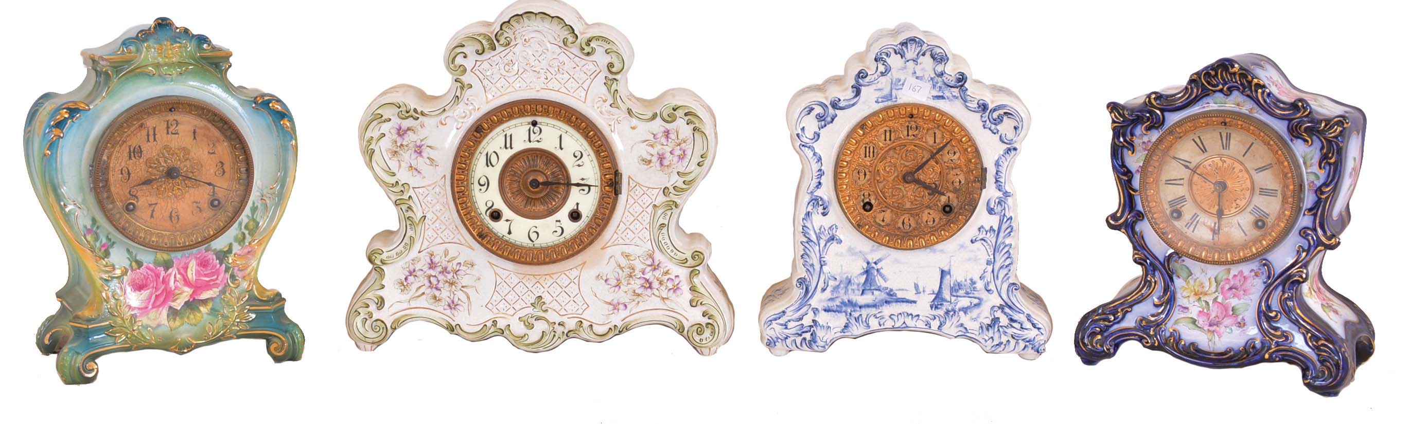 Clocks- 4 (Four): (1) Ansonia Clock Co., New York, NY, 8 day, time and strike spring brass movement porcelain mantel clock, c1910 (2) Ansonia Clock Co., New York, NY, 8 day, time and strike spring brass movement porcelain clock, c1910 (3) Ansonia Clock Co., "Dresden", 8 day, time and strike spring brass movement porcelain mantel clock, c1911 (4) Ansonia Clock Co., "Tacoma", 8 day, time and strike spring brass movement porcelain clock, c1912 — Antique Clocks Price Guide