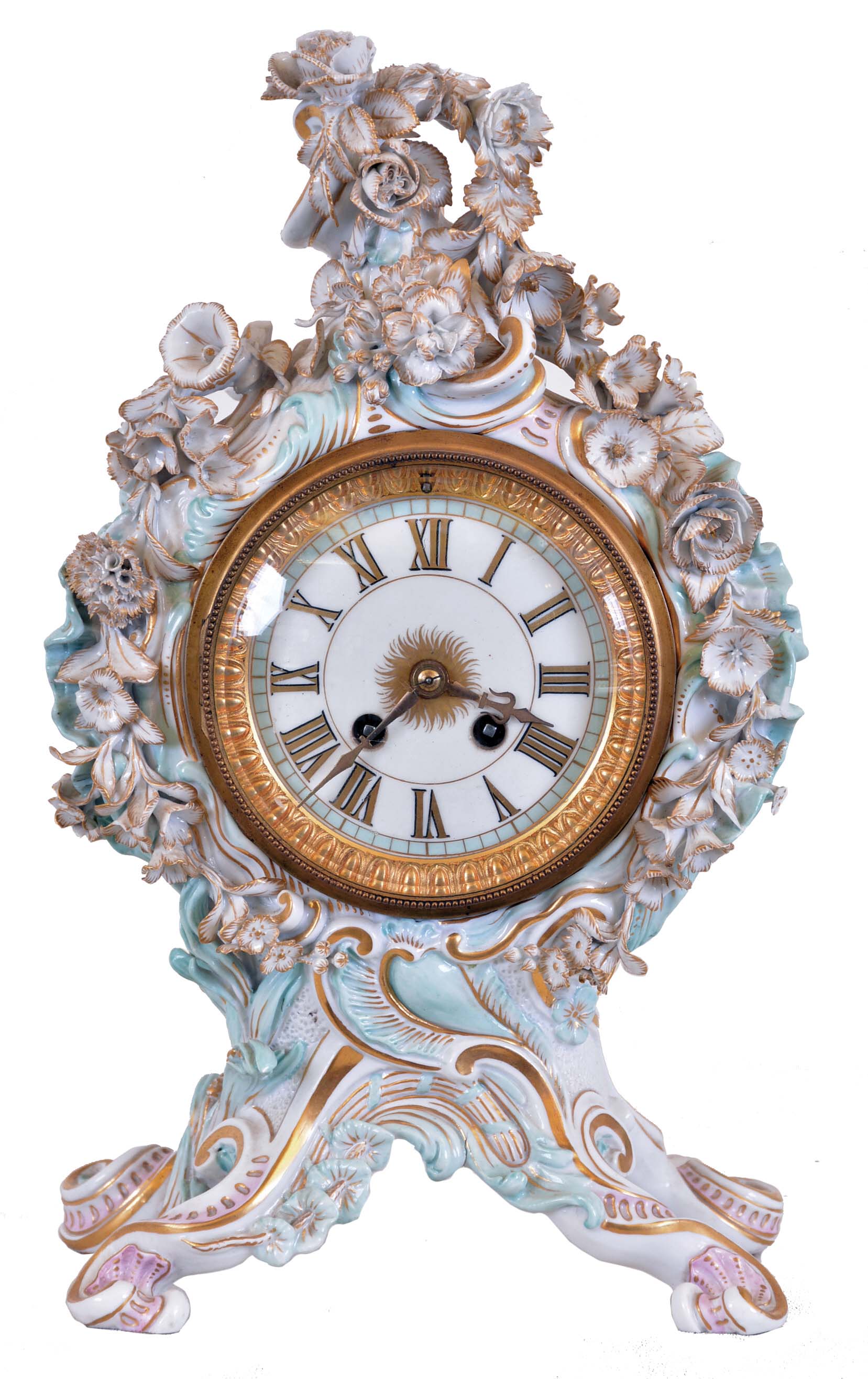 Meissen, Germany, an ornate porcelain mantel clock, the case in pastel colors with gilt accents, with rococo styling and festooned with floral ornament, Roman numeral enamel dial, gilt hands, 8 day time and strike round, French style movement — Antique Clocks Price Guide