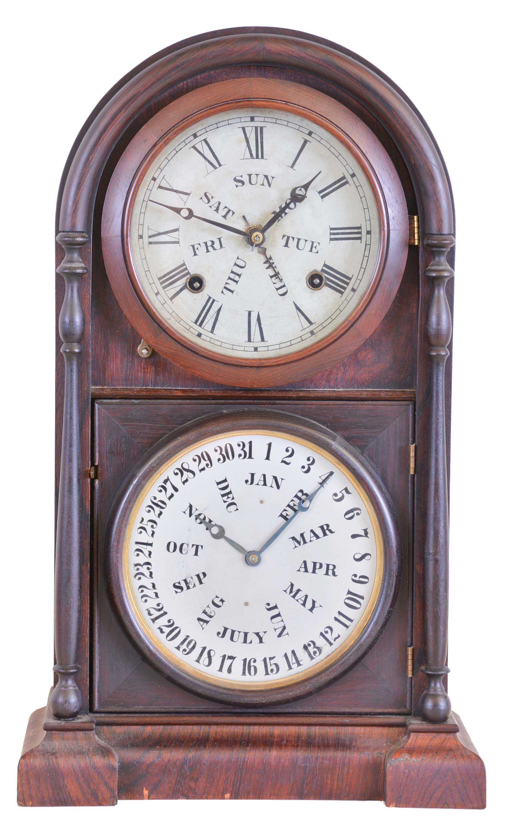 Welch, Spring, & Co., Forestville, Conn., "Italian No. 3" calendar shelf clock with a spring driven 8 day time and strike movement with a B.B. Lewis perpetual calendar mechanism in a rosewood veneered case. — Antique Clocks Price Guide