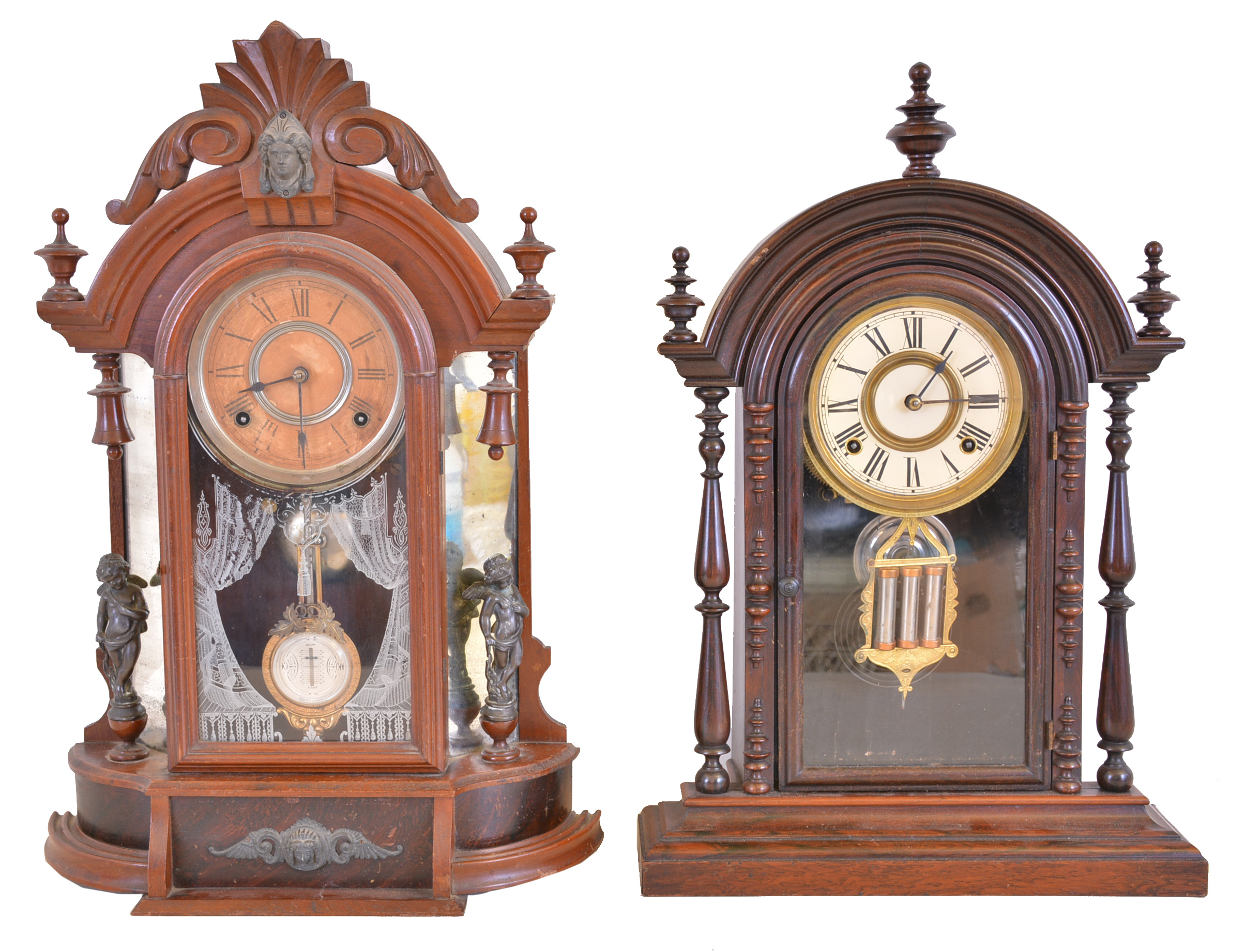 Clocks- 2 (Two): (1) Welch, Spring & Co., Forestville, Conn., "Parepa, V.P.", 8 day, time and strike spring brass movement shelf clock, c1878 (2) William L. Gilbert Clock Co., Winsted, Conn., "Occidental", 8 day, time and strike spring brass movement shelf clock, c1891 — Antique Clocks Price Guide