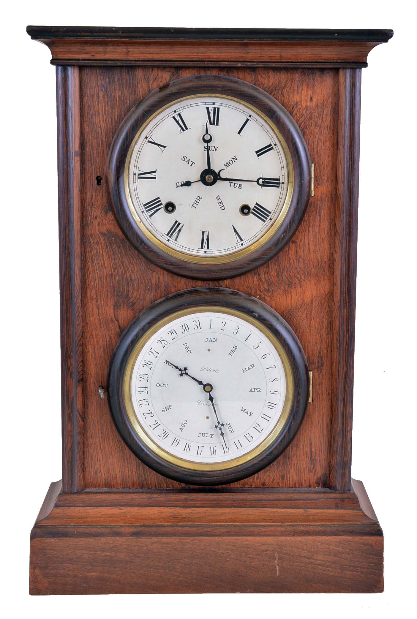 L.F. & W.W. Carter, Bristol, Conn., 8 day, time and strike spring brass movement double dial calendar shelf clock with a B.B. Lewis patent calendar manufactured by Elias Burwell, Bristol. — Antique Clocks Price Guide