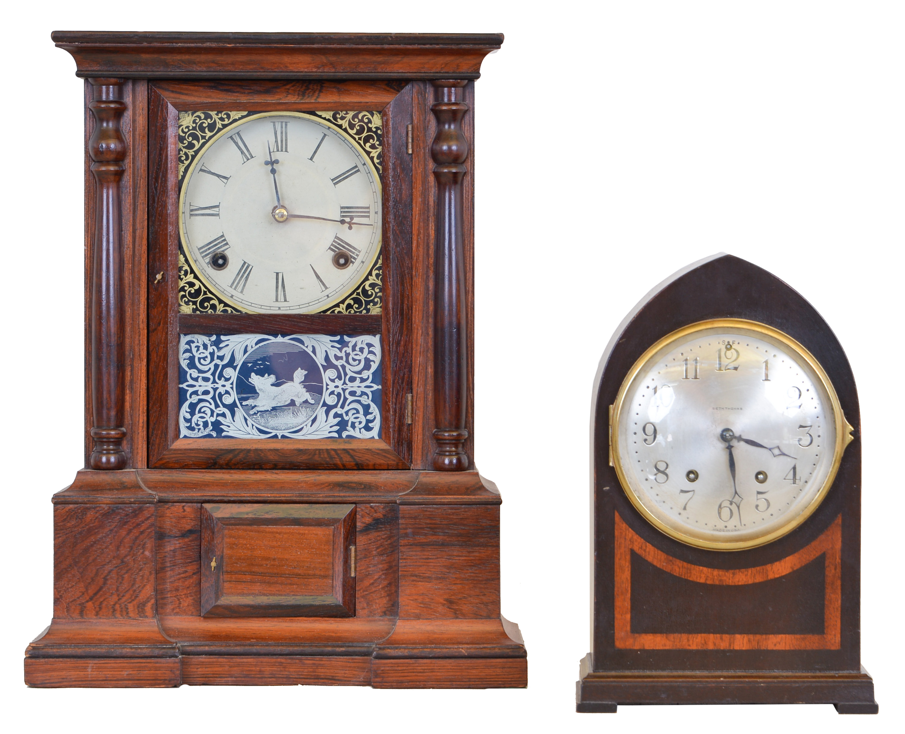 Clocks- 2 (Two): (1) Seth Thomas Clock Co., Thomaston, Conn., 8 day, time and strike spring brass movement beehive mantel clock, c1910 (2) Atkins Clock Co., Bristol, Conn., "London model" 8 day, time and strike spring brass movement shelf clock, c1865 — Antique Clocks Price Guide