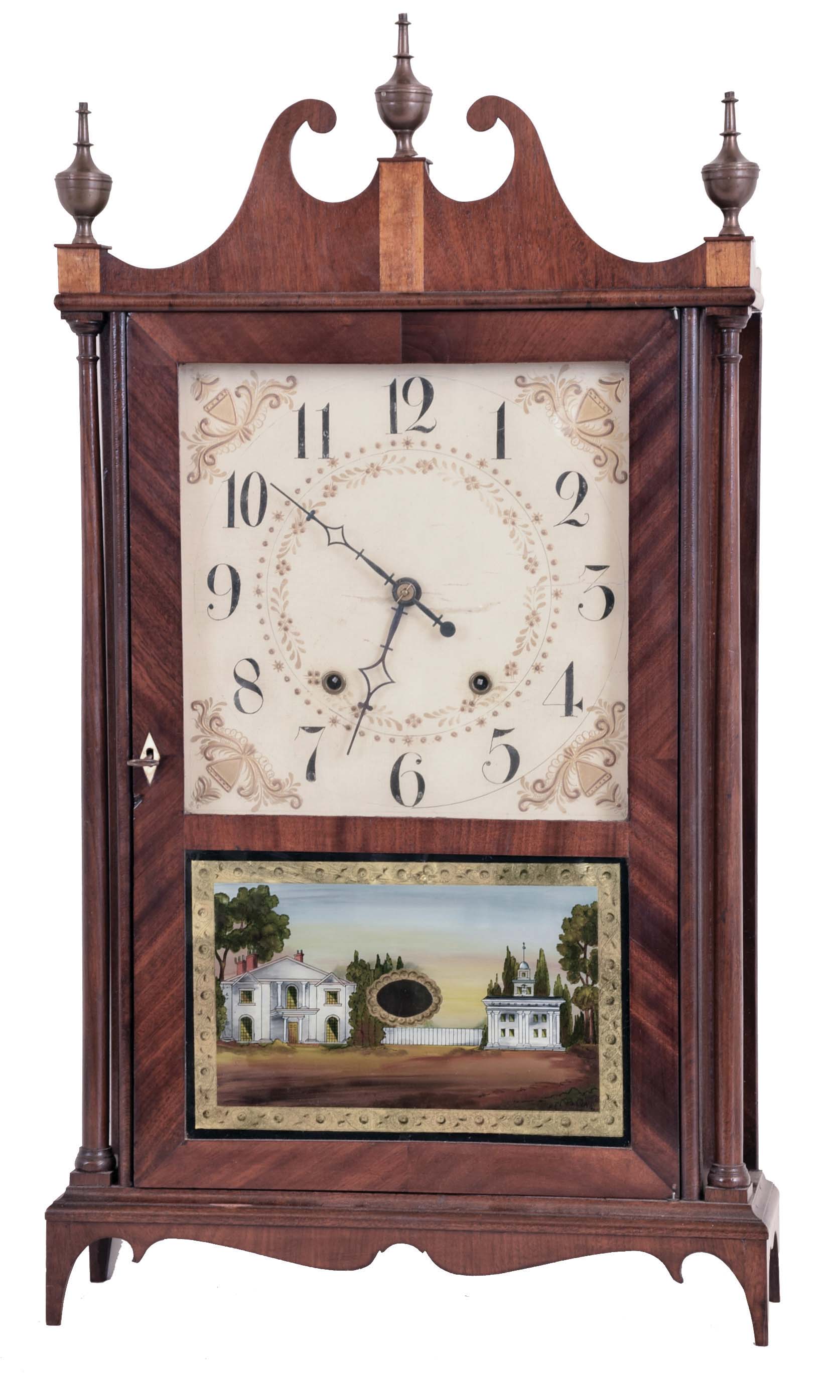 Clocks- 2 (Two): (1) E. Terry & Sons, Plymouth, Conn. 30 hour, time and strike weight wood movement pillar & scroll shelf clock. (2) E. Terry & Sons, Plymouth, Conn., 30 hour, time and strike weight wood movement pillar & scroll shelf clock. — Antique Clocks Price Guide