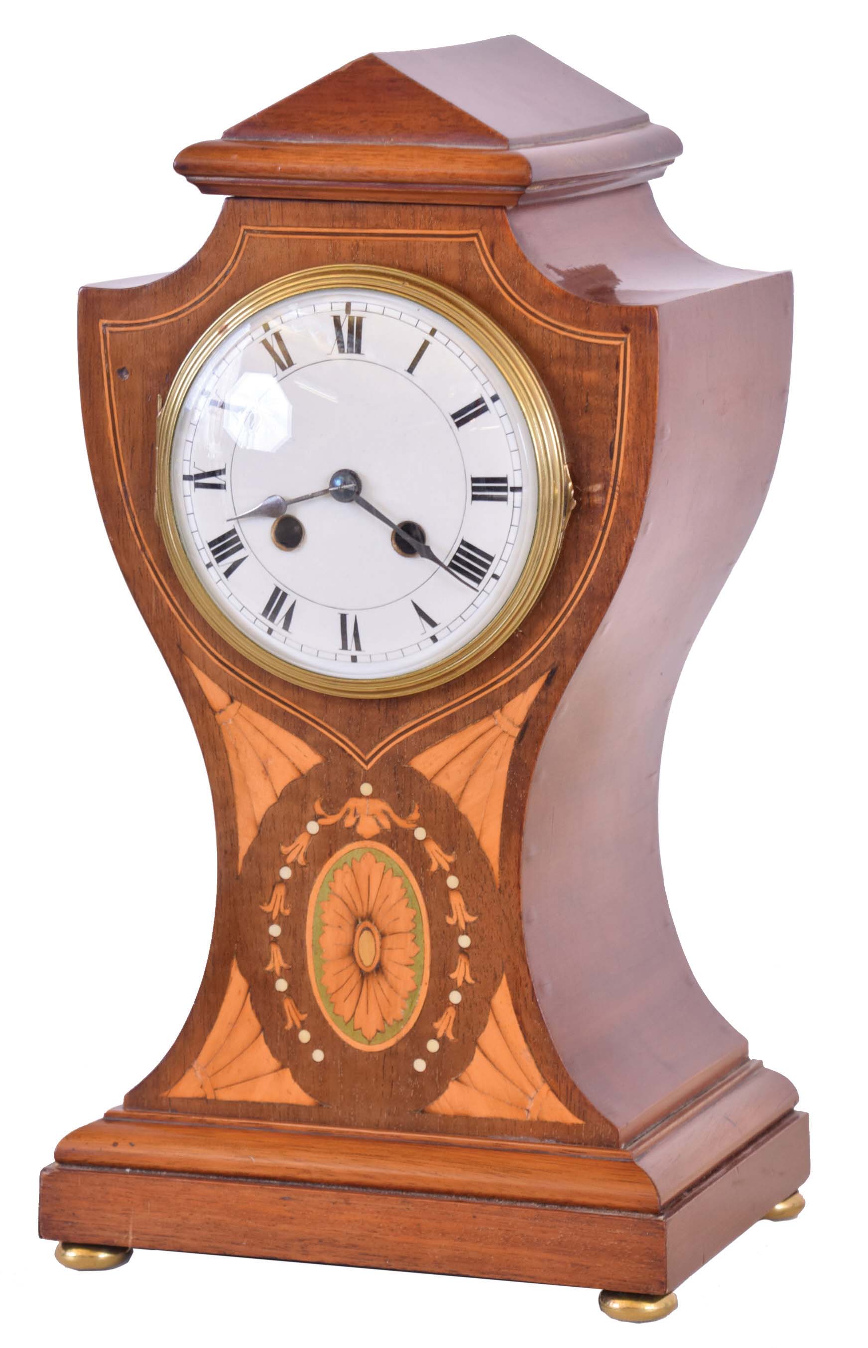 French, 8 day, time and strike spring brass movement inlayed mahogany mantel clock. — Antique Clocks Price Guide