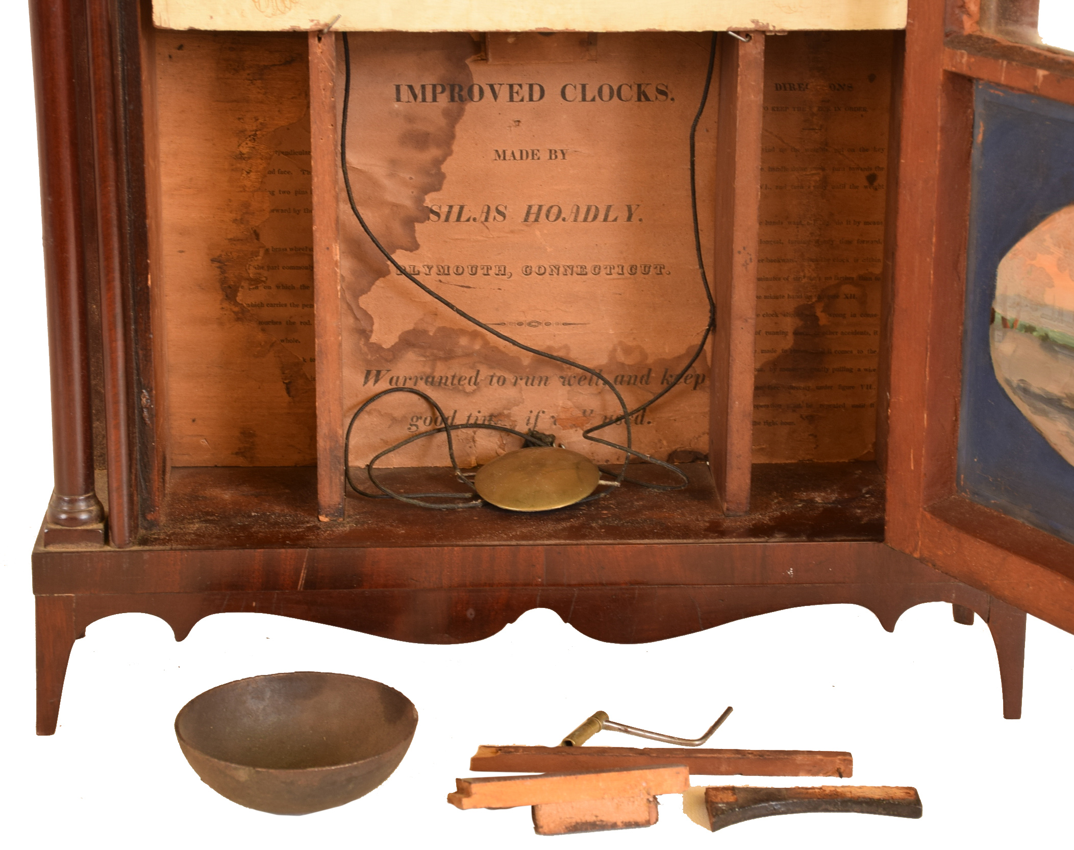 Clocks- 2 (Two): (1) C. & L.C. Ives, Bristol, Conn., 30 hour, time and strike weight wood movement pillar & scroll shelf clock, c. 1830. (2) Silas "Hoadly" (label printer misspelling for Hoadley), Plymouth, Conn., 30 hour, time and strike weight wood movement pillar & scroll shelf clock, c 1825. — Antique Clocks Price Guide
