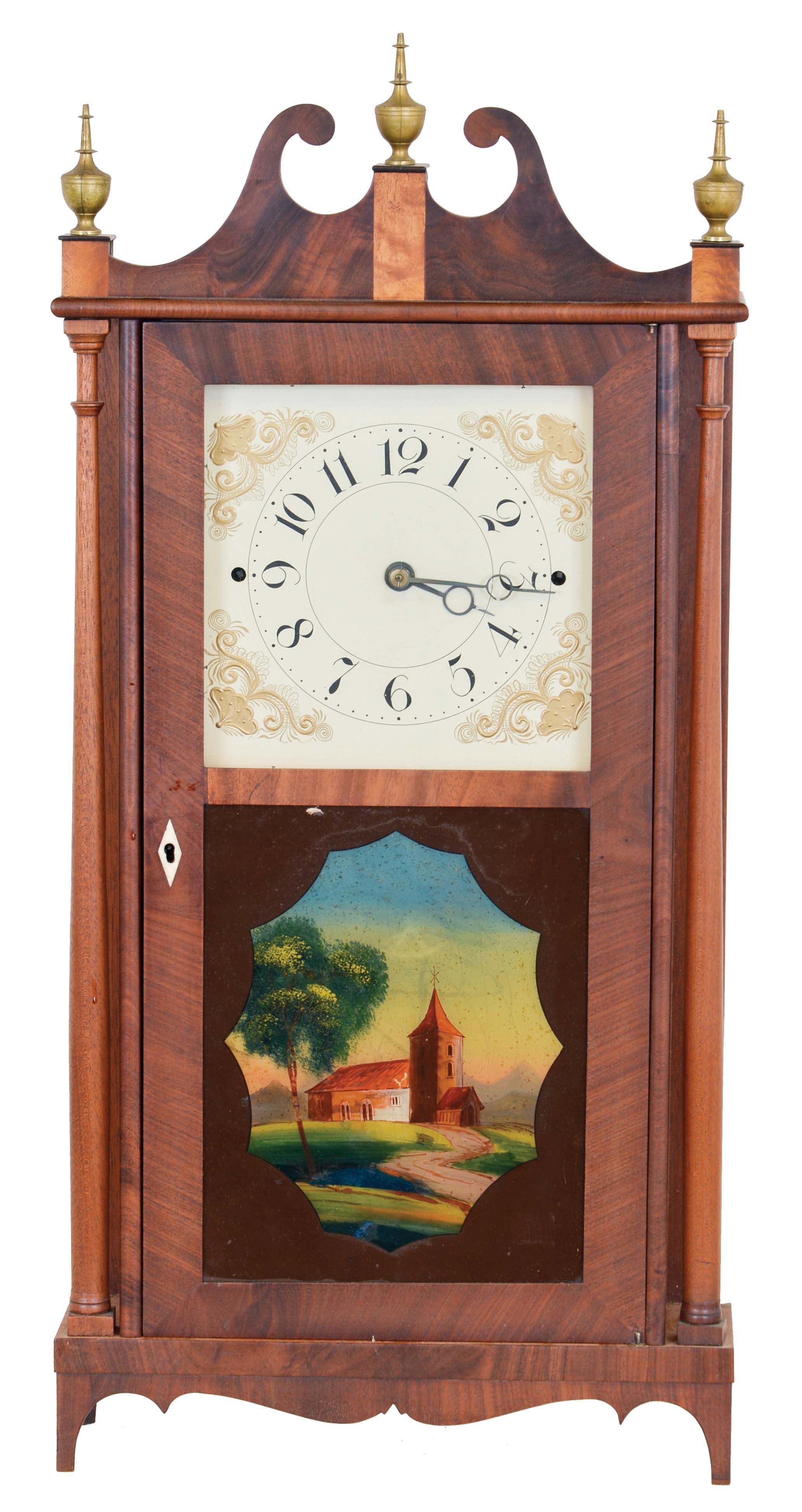 Norris North, Torrington, Conn., 30 hour, time and strike weight wood movement narrow case pillar & scroll shelf clock. — Antique Clocks Price Guide