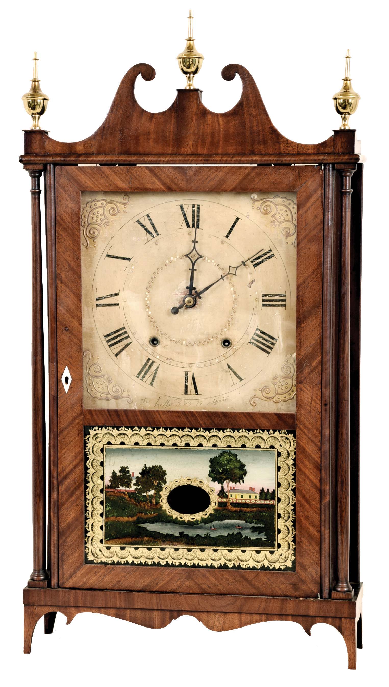 Ephraim Downs, Bristol, Conn 30 hour, time and strike weight wood movement pillar & scroll shelf clock. — Antique Clocks Price Guide