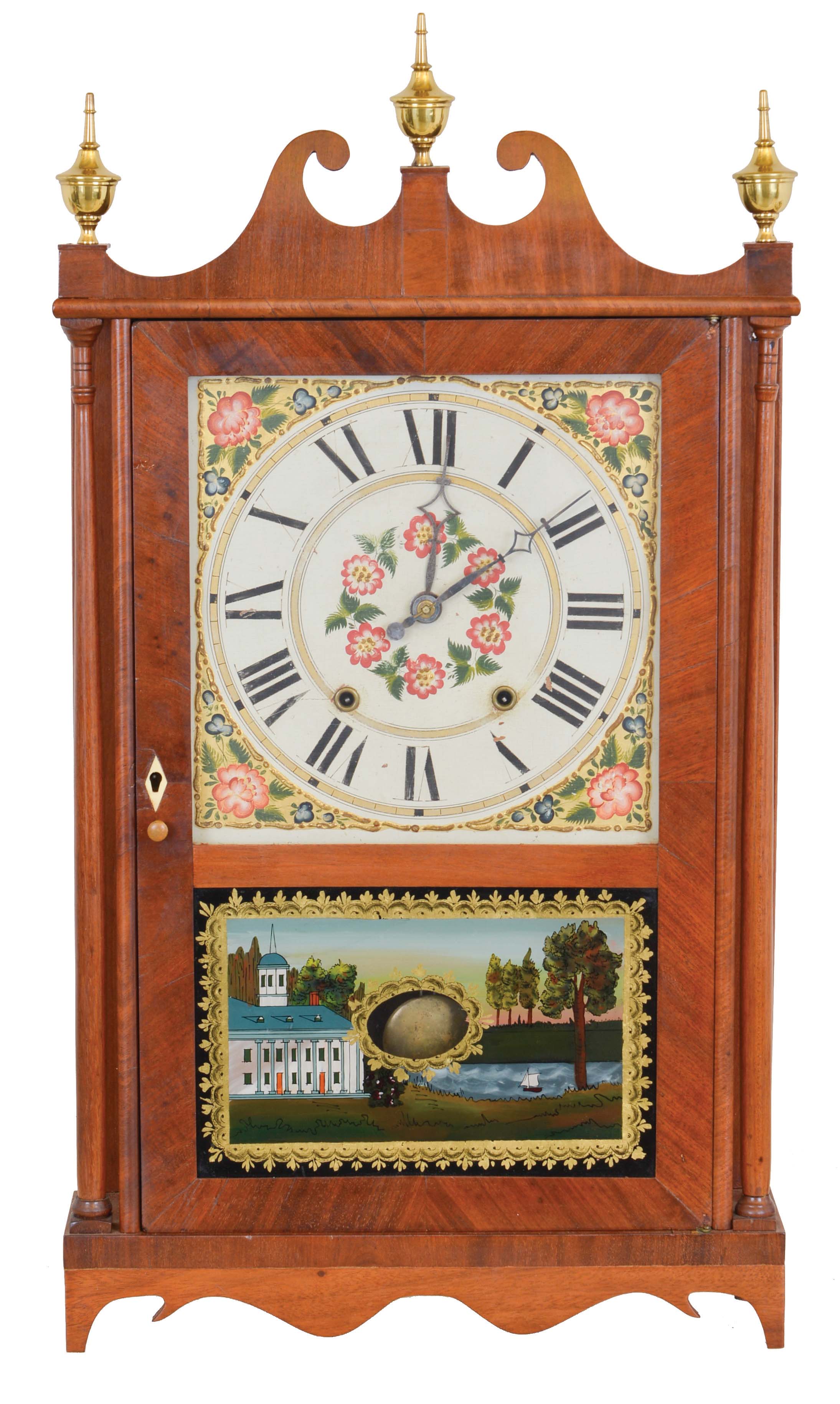 Riley Whiting, Winchester, Conn., 30 hour, time and strike weight wood movement pillar & scroll shelf clock. — Antique Clocks Price Guide