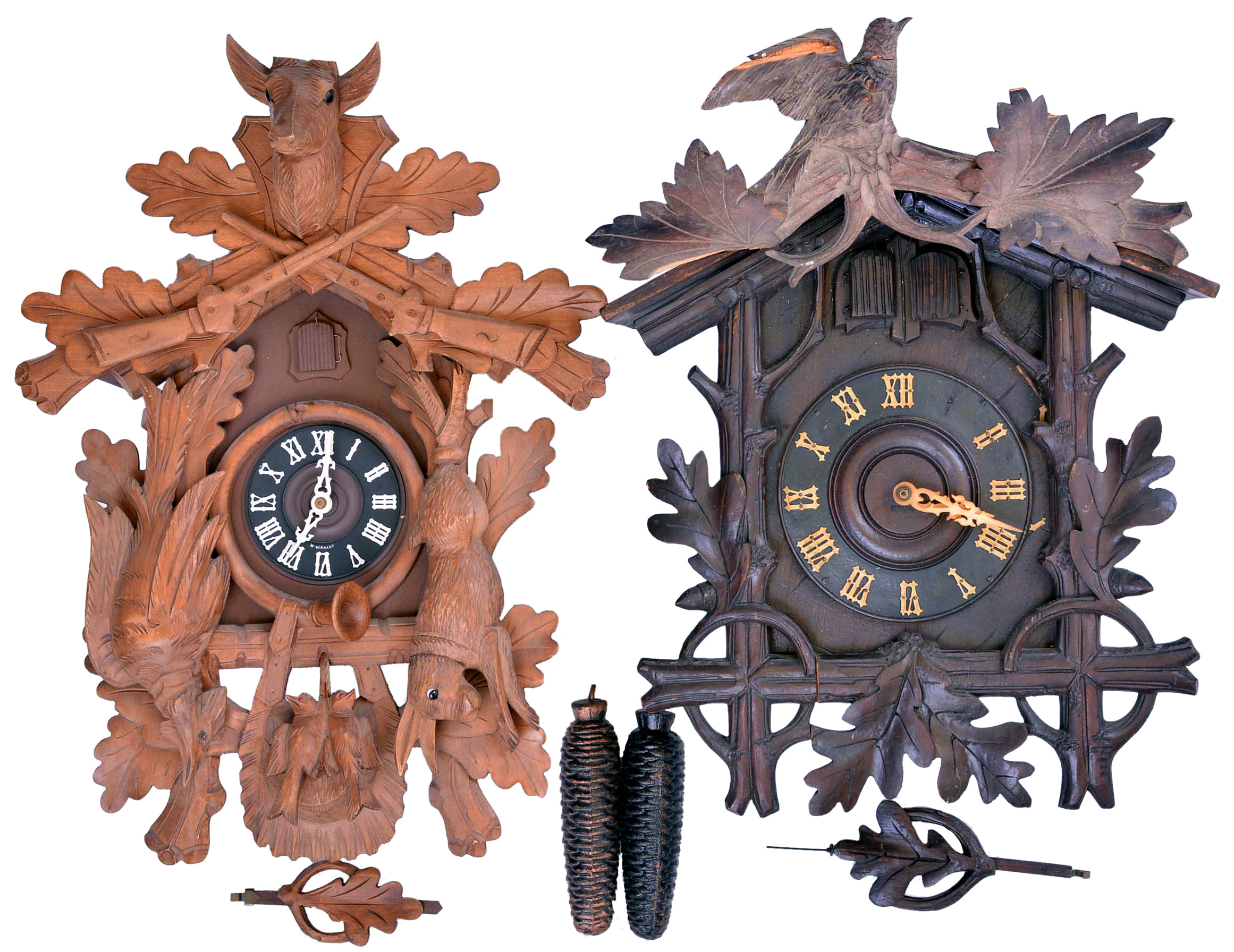 Clocks- 2 (Two) German cuckoos: the first a cuckoo & quail with brass movement marked "Sears, Roebuck & Co. Germany", c1900, the other with hunter style case, c1950 — Antique Clocks Price Guide