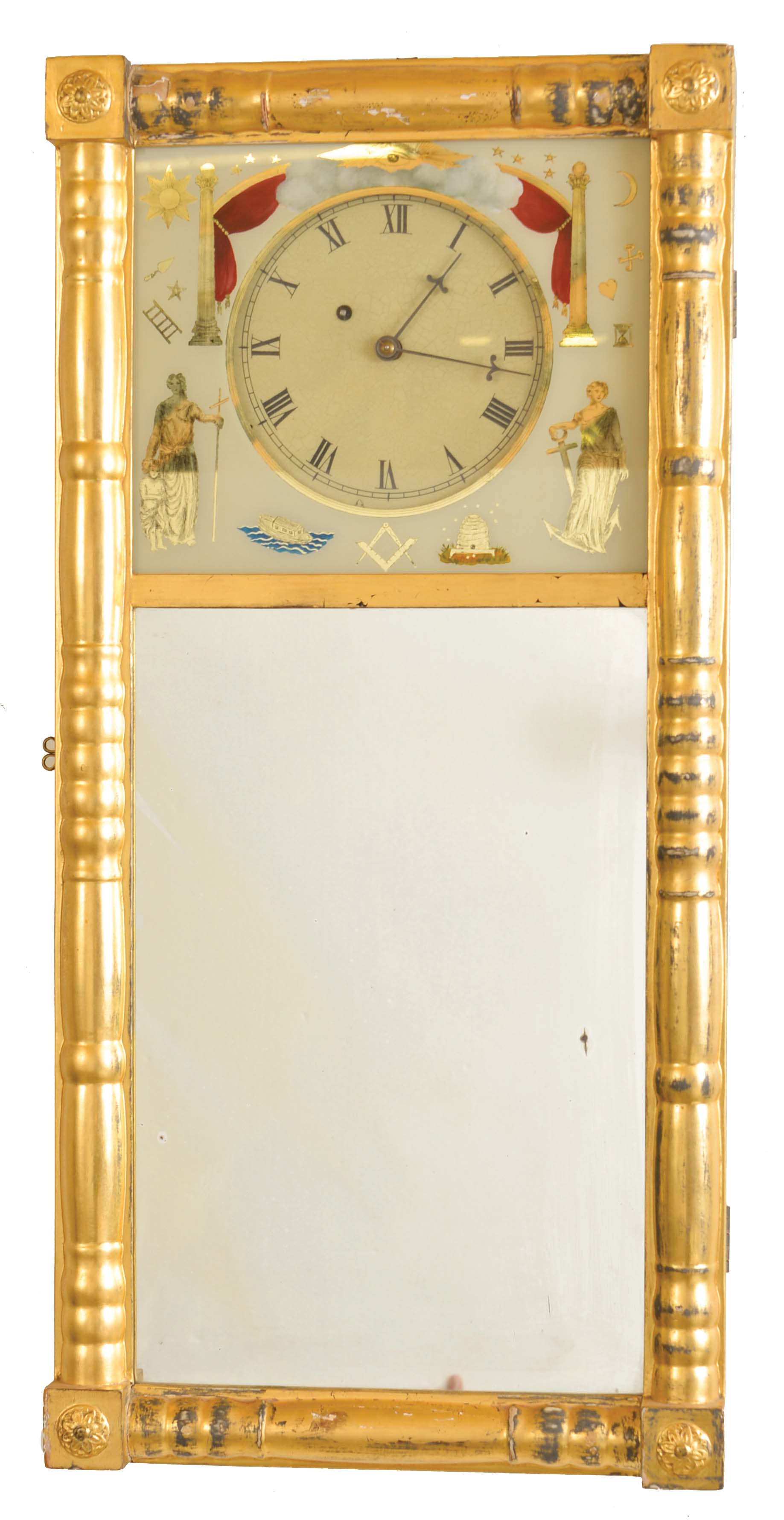 New Hampshire mirror clock reproduction, 8 day, weight brass movement. Based on the small tree loco on the dial this may have been made by Foster Campos. — Antique Clocks Price Guide
