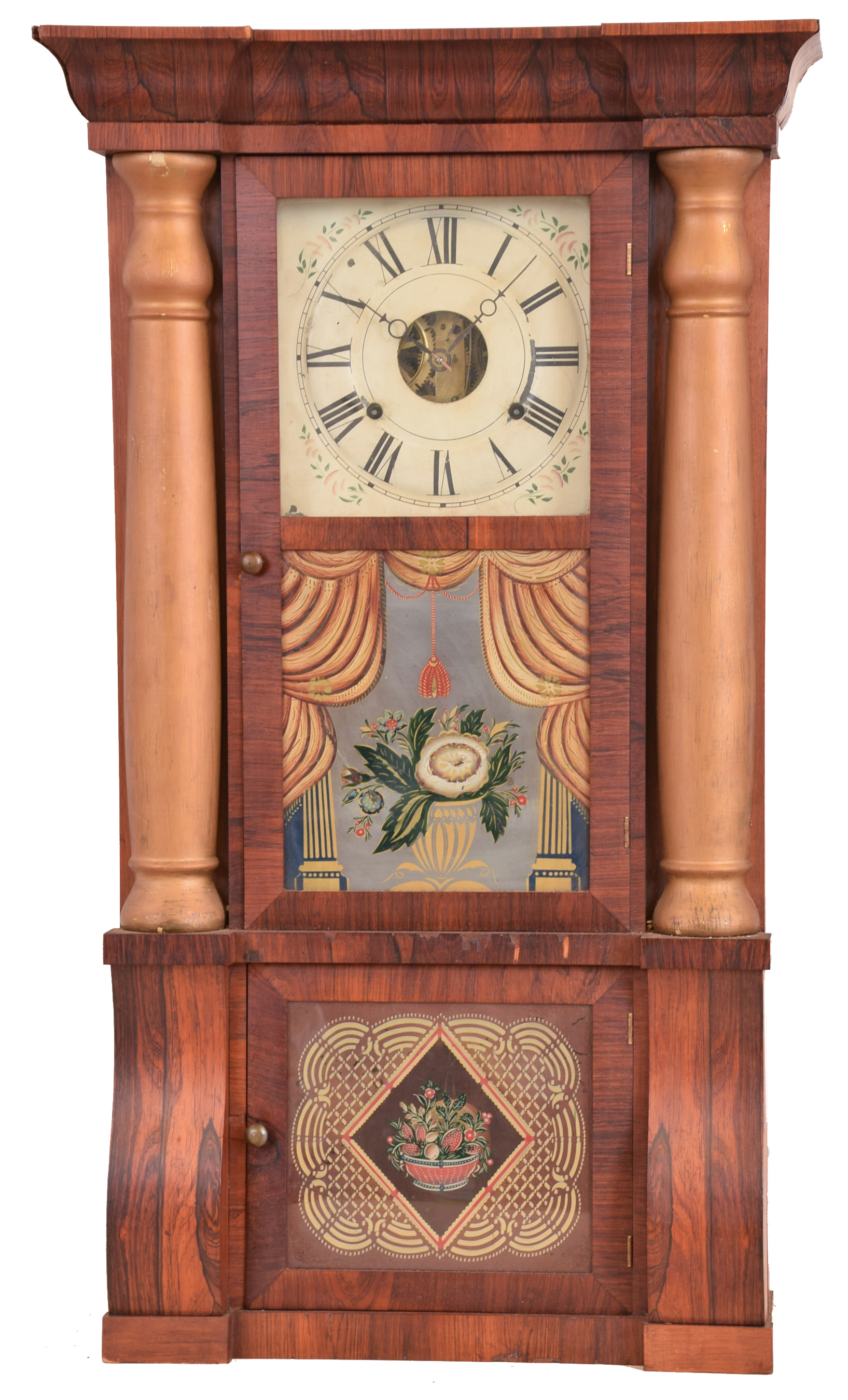 Clocks- 2 (Two): (1) Seth Thomas Clock Co., Thomaston, Conn., "Cornice and Column" shelf clock with an 8 day weight driven brass lyre movement in a mahogany case with bright gilt columns, c1875. (2) Seth Thomas Clock Co., Plymouth Hollow, Conn., "Cornice and Column" shelf clock with an 8 day weight driven brass lyre movement in a rosewood case with gilt columns, c1855. — Antique Clocks Price Guide