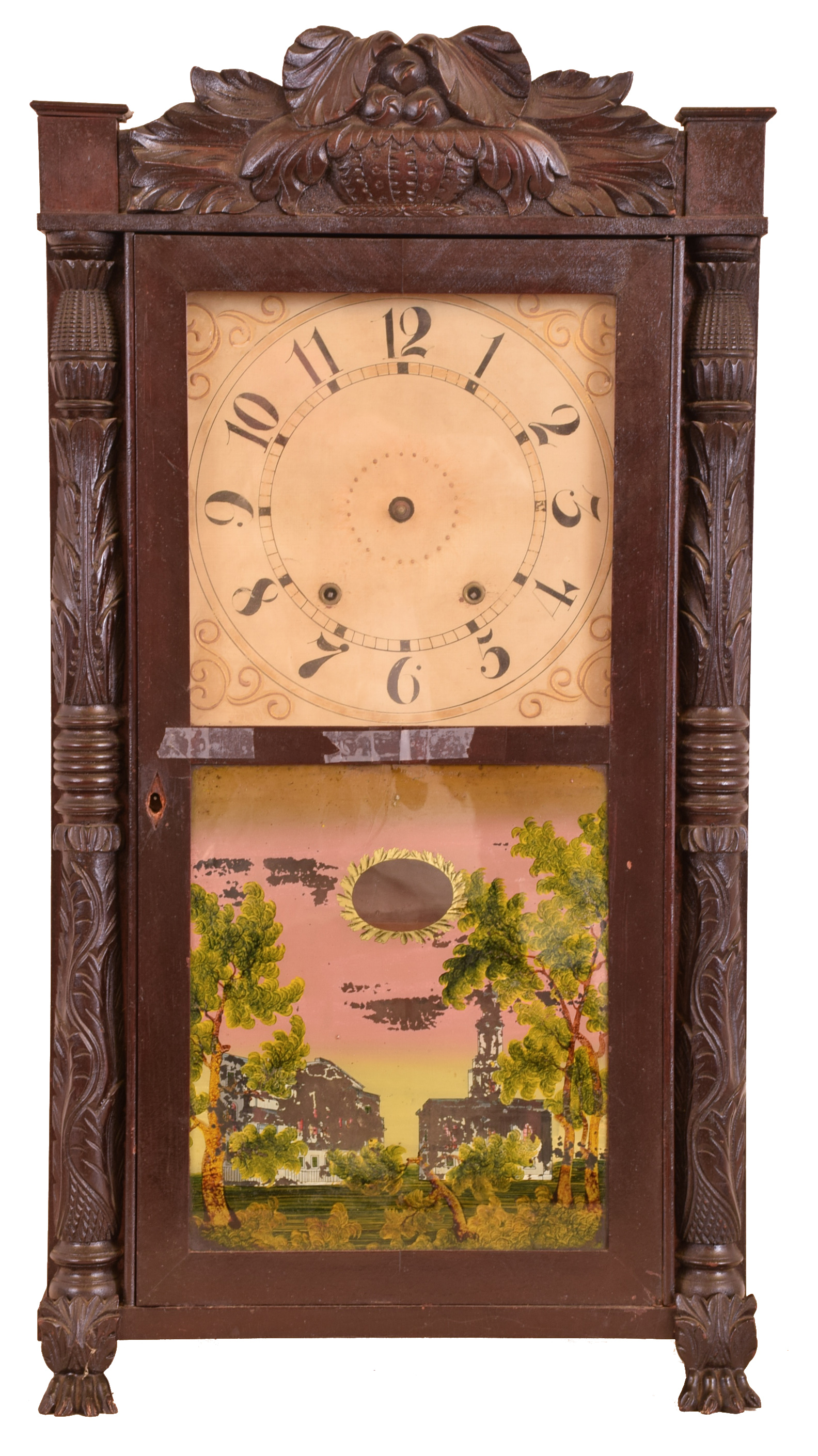 Clocks- 3 (Three): (1) Seth Thomas Clock Co., Plymouth Hollow, Conn., 30 hour, time and strike weight wood movement shelf clock. (2) Jared Arnold, Jr, Amber, New York, 8 day, time and strike weight brass movement triple decker shelf clock. (3) Eli Terry, Jr, Terrysville, Conn., 30 hour, time and strike weight wood movement carved column & splat shelf clock. — Antique Clocks Price Guide