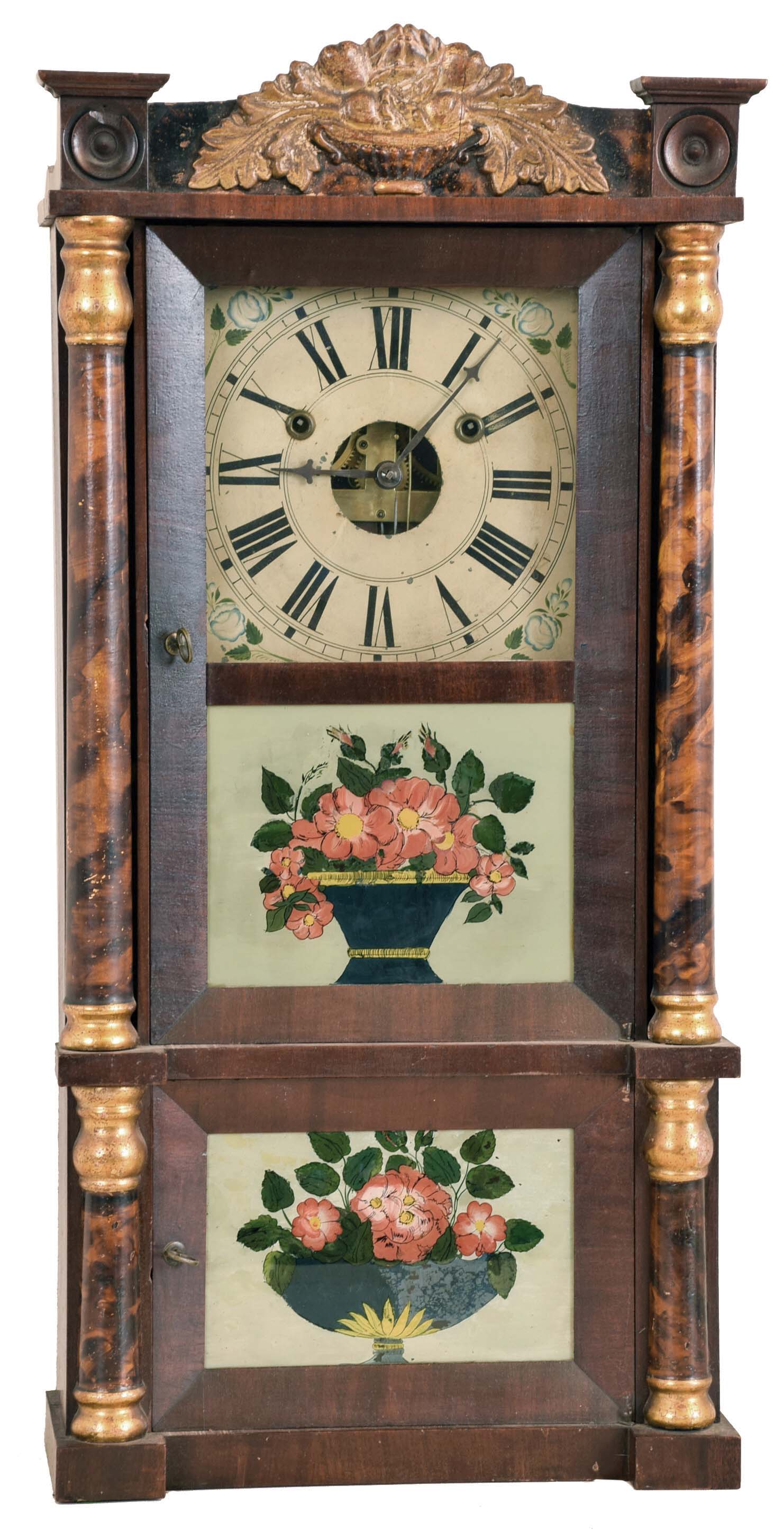 Forestville Manufacturing Co., Bristol, Conn., "3/4 size Triple Decker" shelf clock with a 30 hour weight driven time and strike brass movement in a mahogany case with tortoise shell full columns and half columns with gilt caps and bases. — Antique Clocks Price Guide
