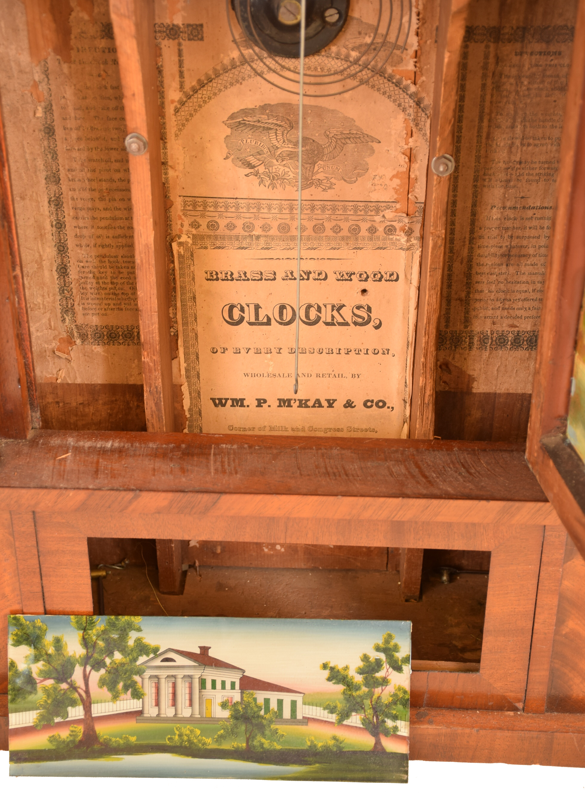 Clocks- 2 (Two): (1) Wm. P. Mckay & Co., Boston, Mass., 8 day, time and strike weight brass movement column & cornice shelf clock. (2) E. W. Adams, Seneca Falls, New York, 30 hour, time and strike weight wood movement shelf clock. — Antique Clocks Price Guide