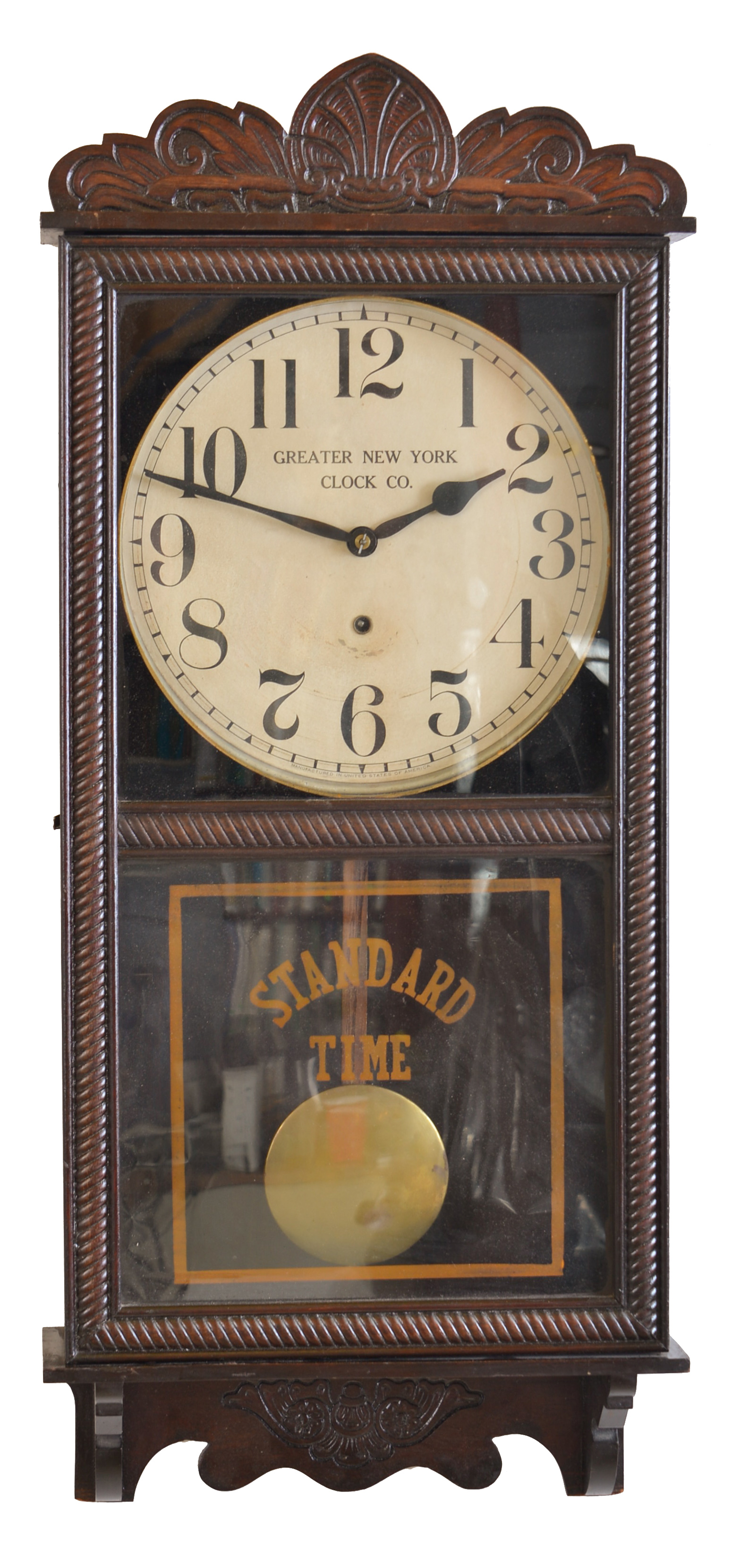 Clocks- 3 (Three): (1) New Haven Clock Co., New Haven, Conn., "Referee" wall hanging clock with an 8 day spring driven timepiece movement in an oak case, c1911; (2) Sessions Clock Co., Forestville, Conn., "Regulator H" wall hanging clock with an 8 day spring driven time and strike movement with a simple calendar mechanism in an oak case made for the Mutual Trading Company, New York City, c1908; (3) Waterbury Clock Co., Waterbury, Conn. "Crane" wall hanging clock with an 8 day spring driven timepiece movement in an oak case. — Antique Clocks Price Guide