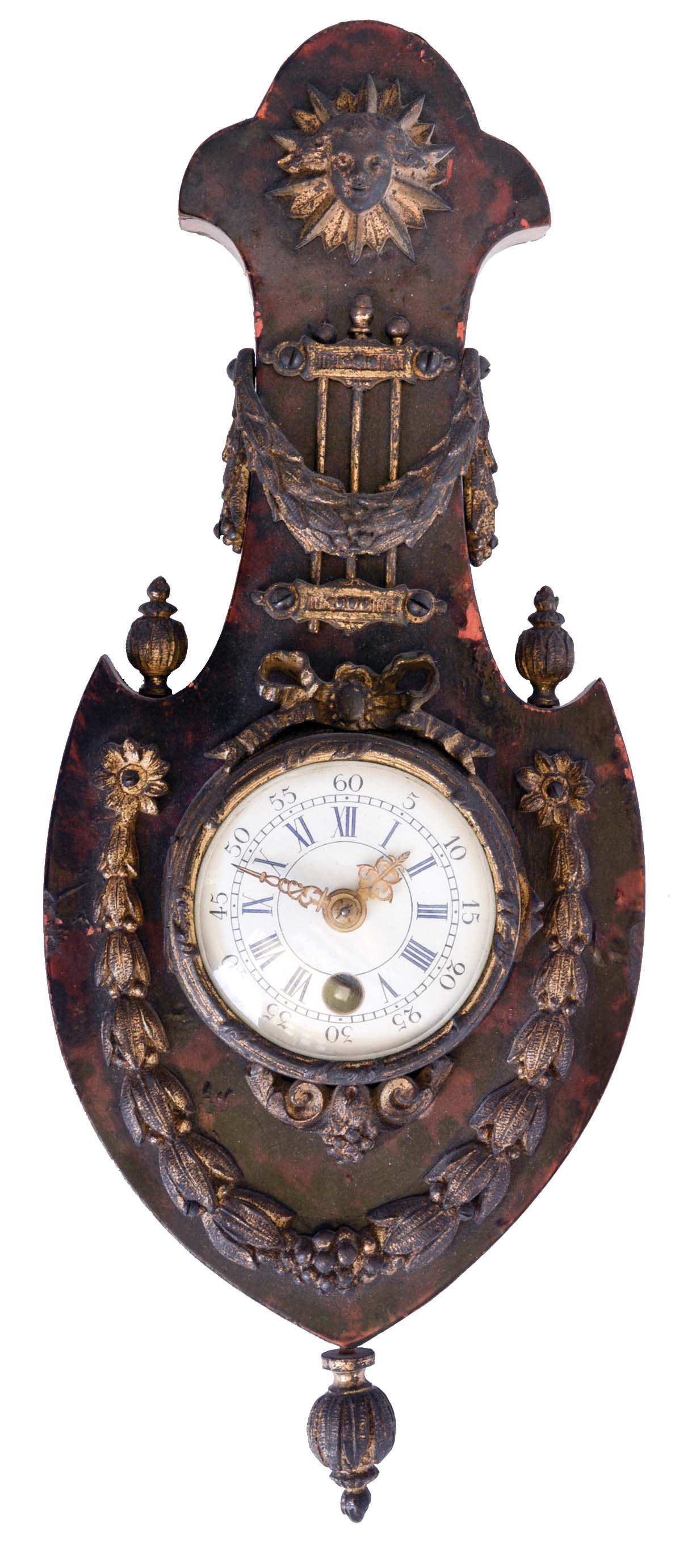 France, miniature hanging clock, faux tortoise shell veneered barometer style case with gilt, neoclassical ornament, and gilt clock case, Roman numeral enamel dial, 8 day timepiece movement with cylinder platform — Antique Clocks Price Guide