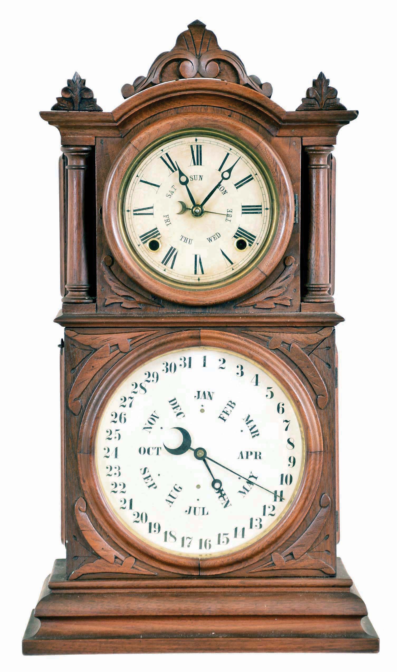 E. Ingraham & Co., Bristol, Conn., "Calendar" shelf clock with a spring driven 8 day time and strike movement with B. B. Lewis patent calendar mechanism in a solid walnut case. — Antique Clocks Price Guide