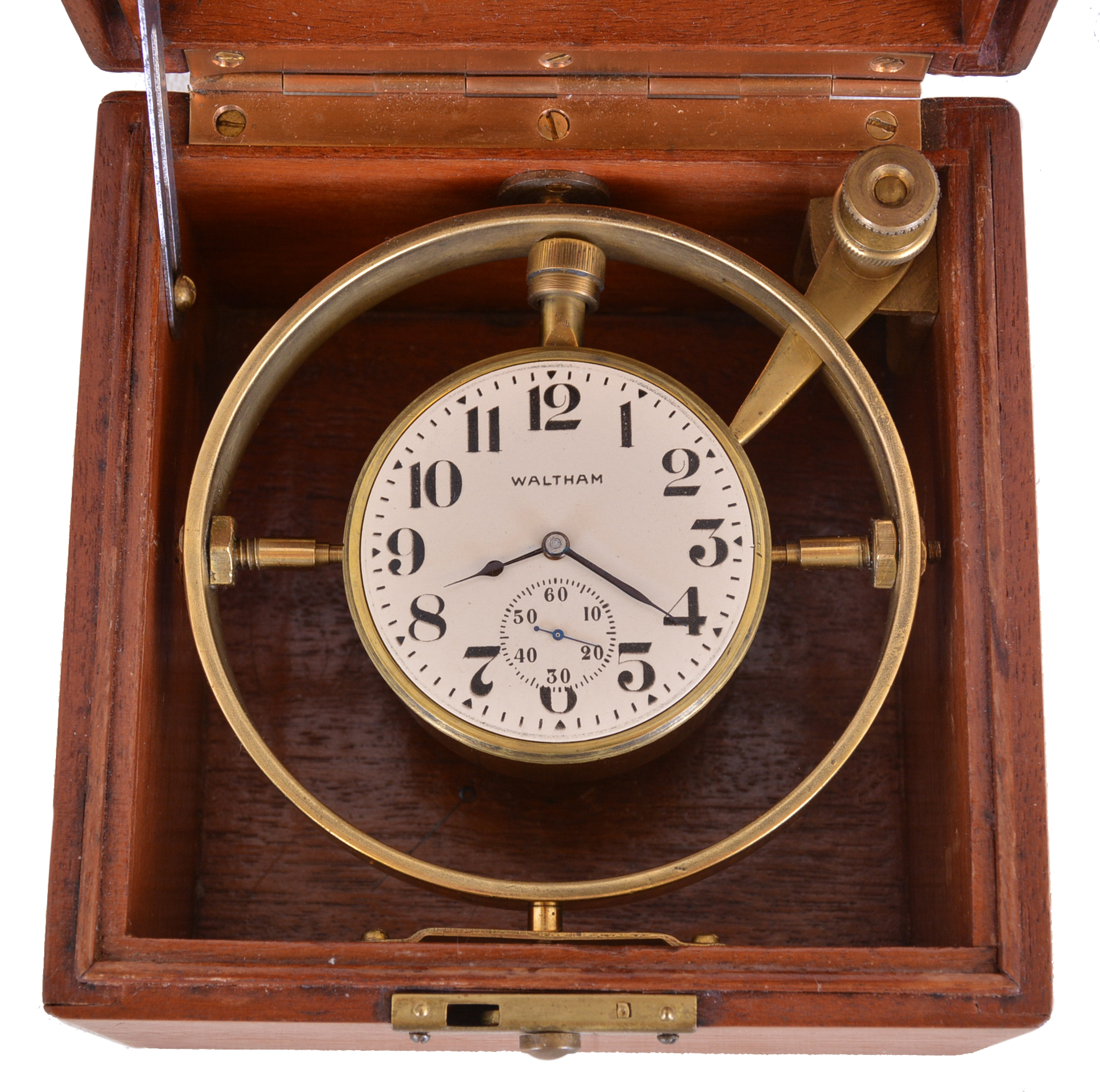 American Waltham Watch Co, Waltham, Mass., boxed 30 hour deck watch, 18 size model 1883, 15 jewel, damascened nickel plate movement, Arabic numeral metal dial, blued steel spade and poker hands, the timepiece contained in a brass tub with gimbal and mounted in a mahogany, three section box, with outer padded, felt lined mahogany case, serial #5145791 — Antique Clocks Price Guide